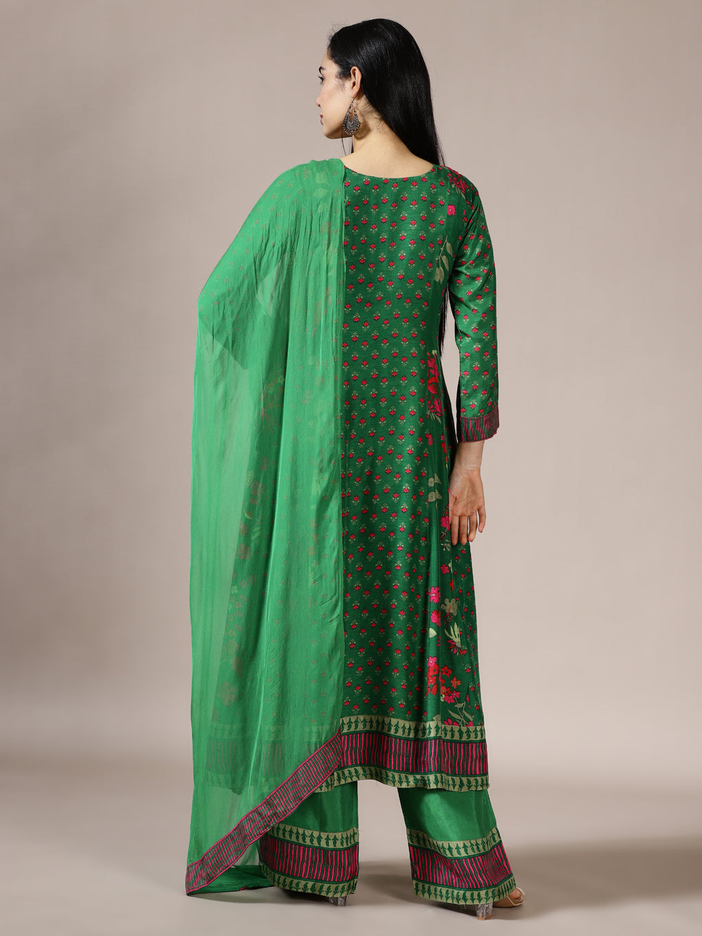 Emerald Green Flared Kurta Set with Floral Print