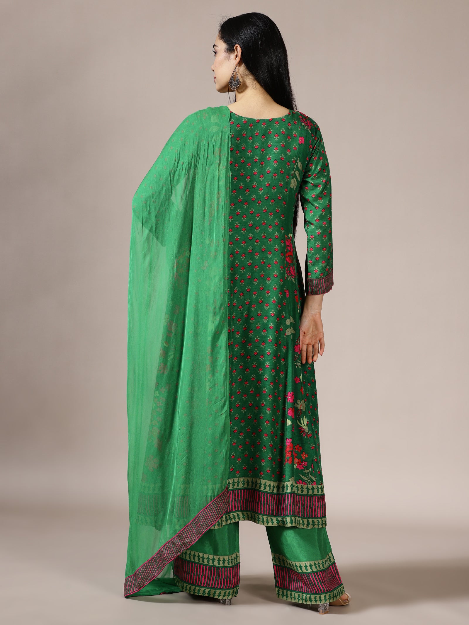 Emerald Green Flared Kurta Set with Floral Print