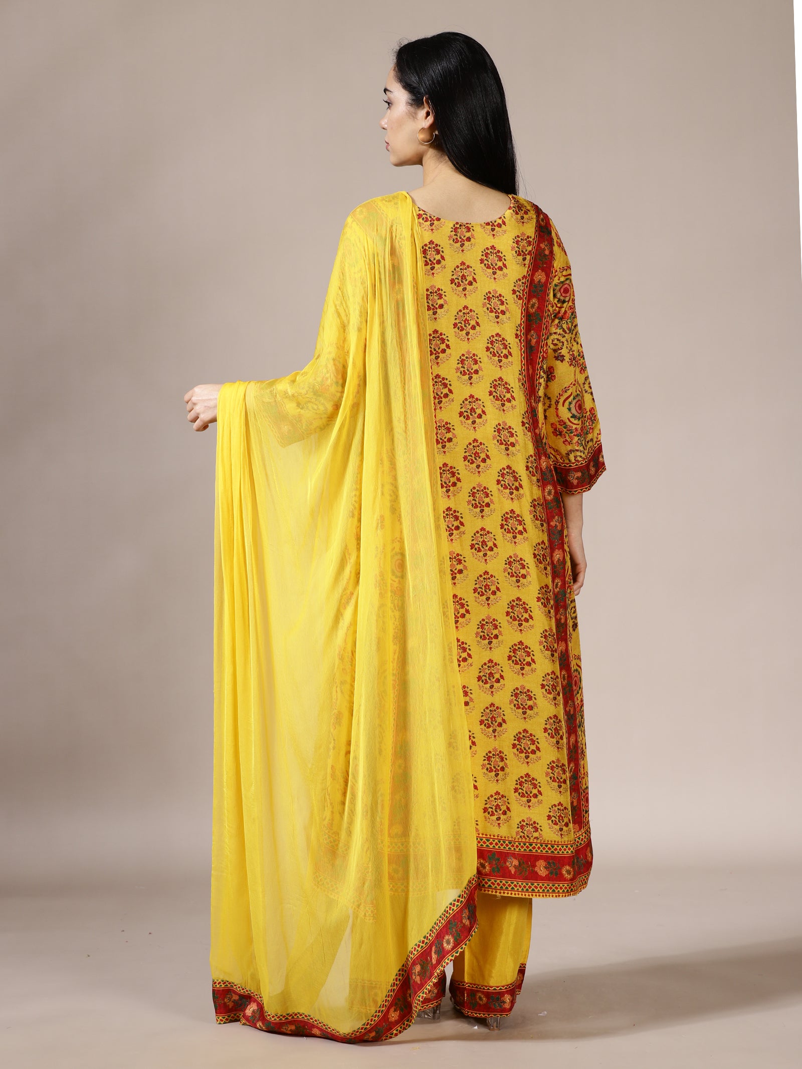 Mustard Block Print A-Line Kurta Set