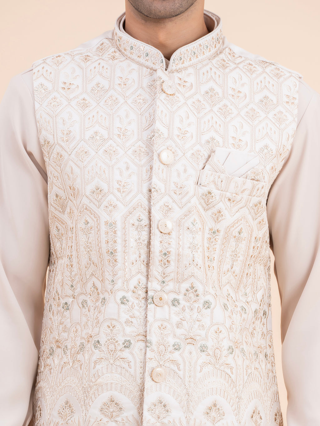 Cream Heavy Embroidered Nehru Jacket