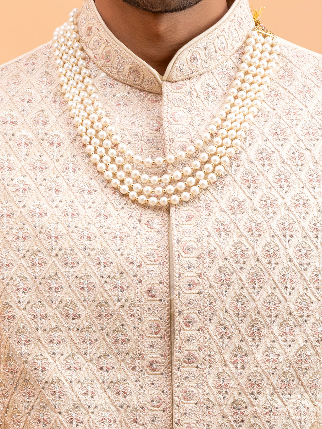 Beige Diamond Embroidered Sherwani Set