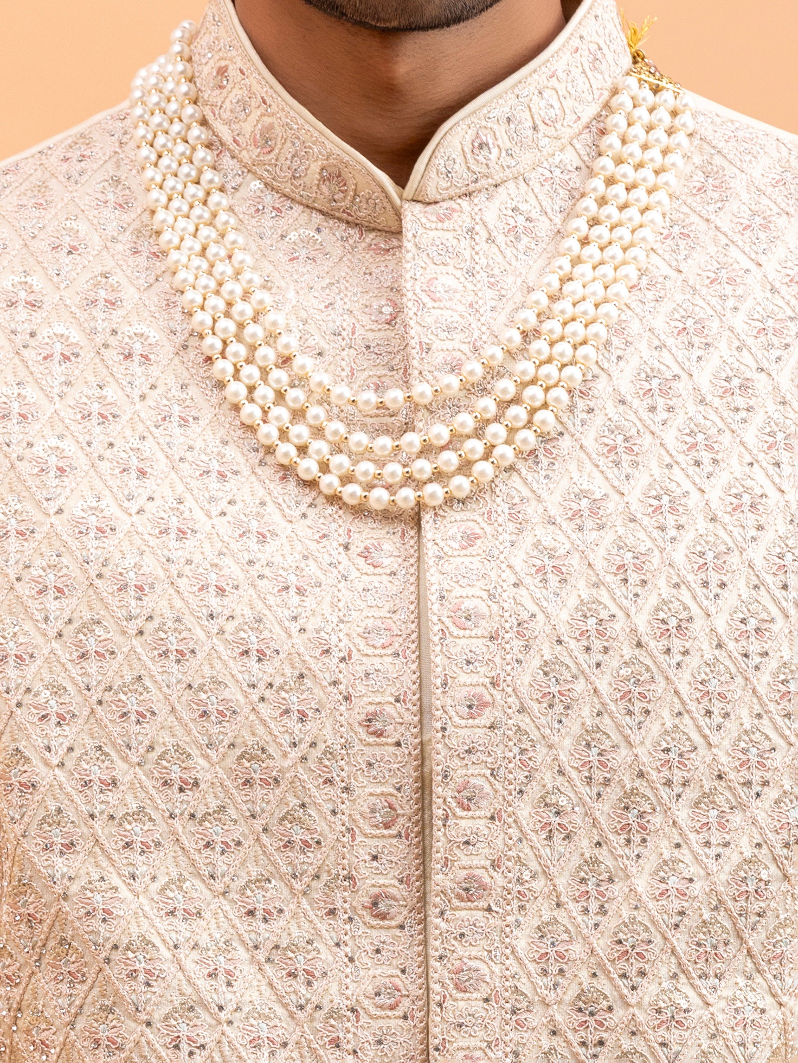 Beige Diamond Embroidered Sherwani Set