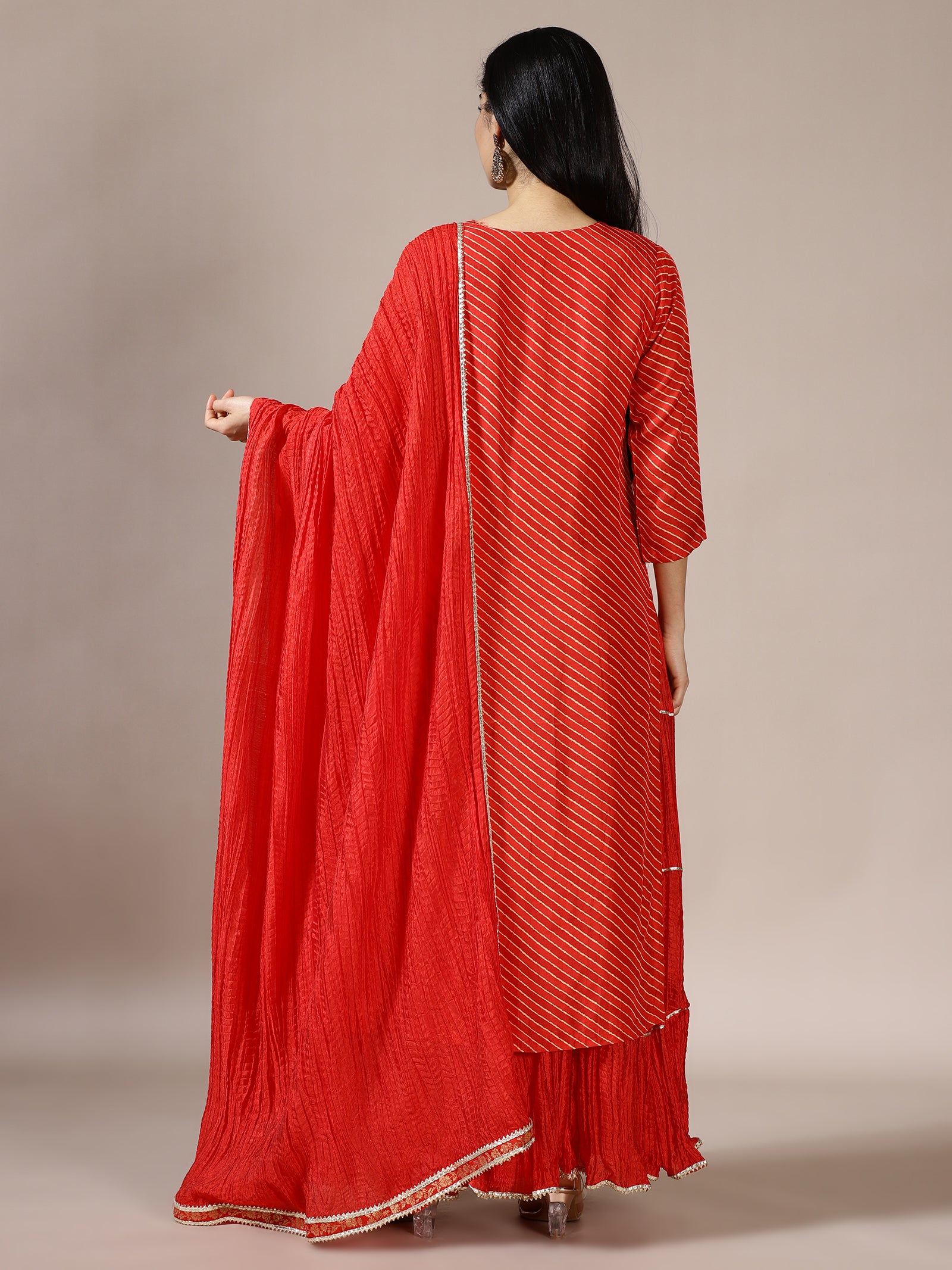 Red Striped Kurta & Tiered Gharara Set with Gold Sequin Work