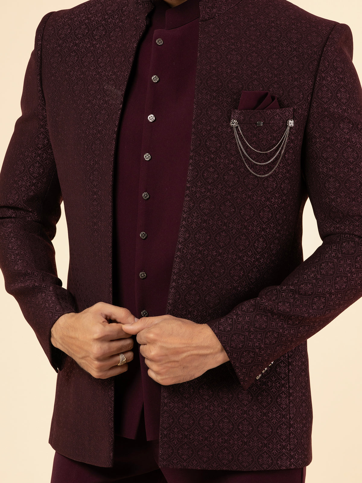 Maroon Garnet Lattice Jodhpuri Set