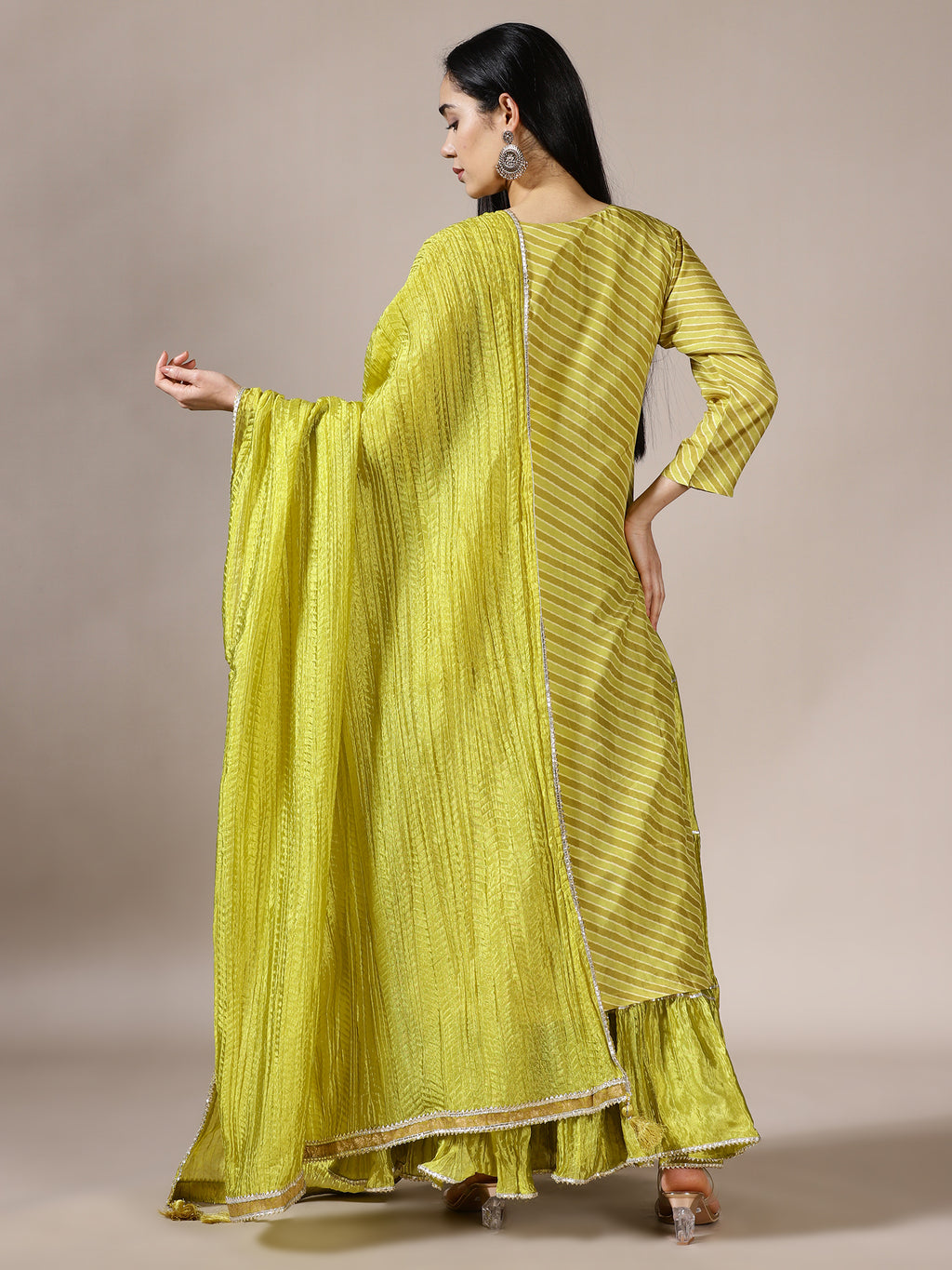 Leheriya Ruffled Gharara Set in Lime Green with Gota Patti Work