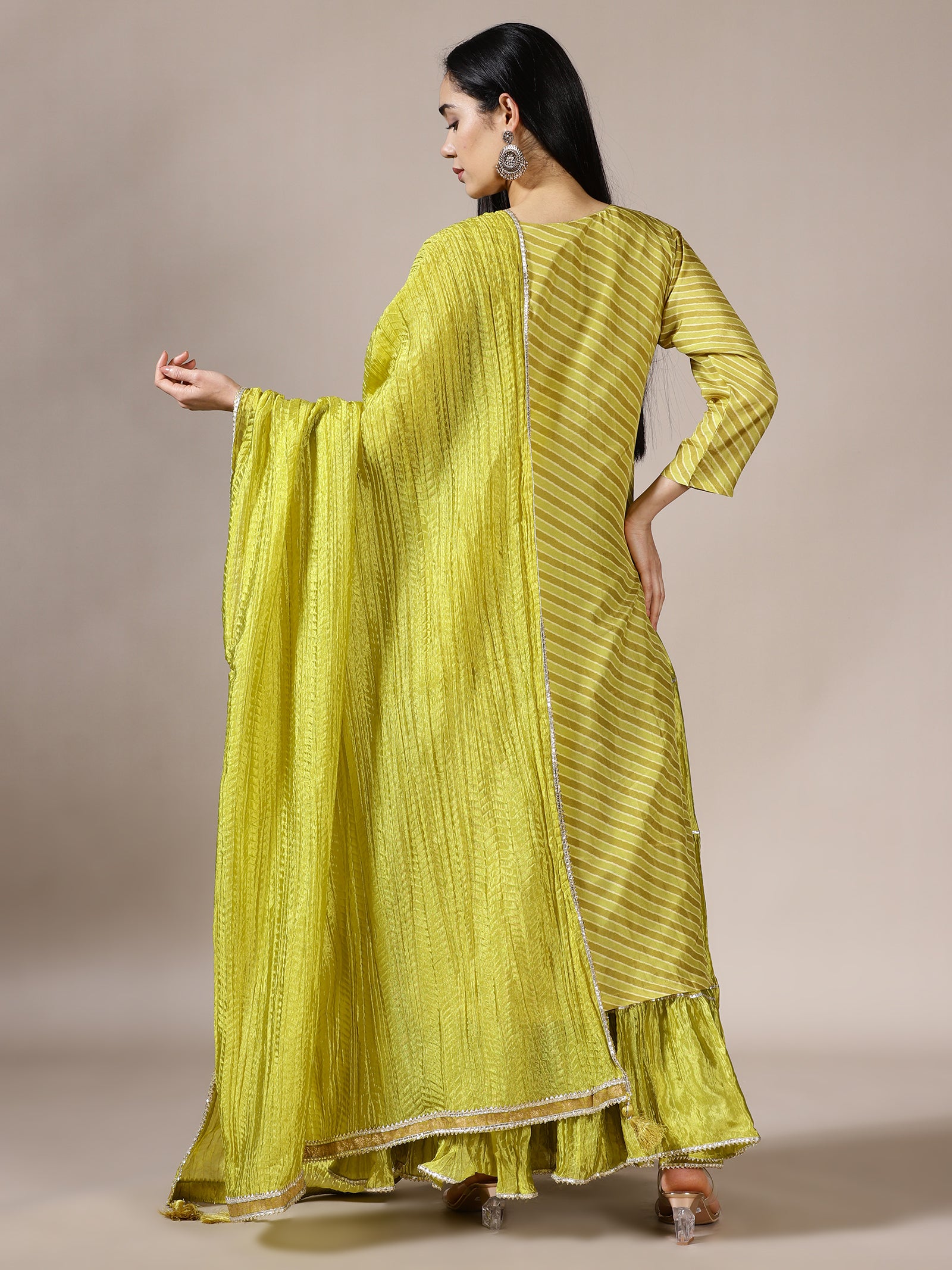 Leheriya Ruffled Gharara Set in Lime Green with Gota Patti Work