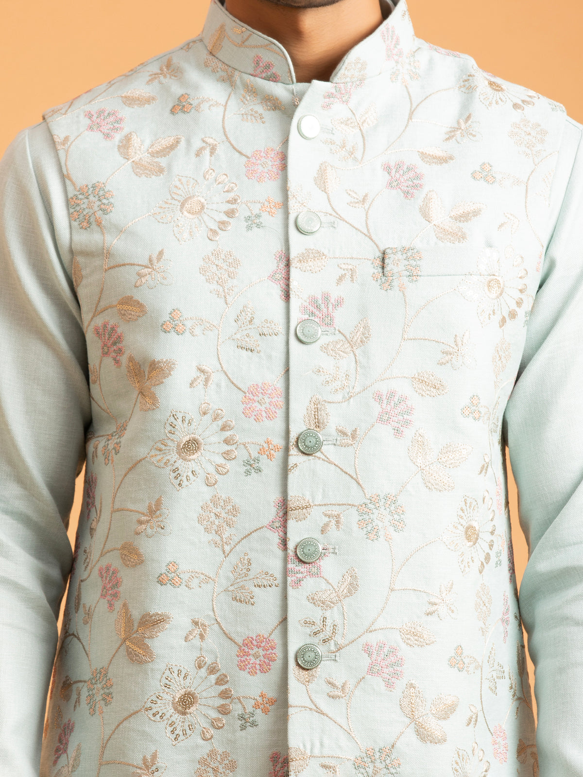 Azure Serenity Floral Embroidered Nehru Jacket Set