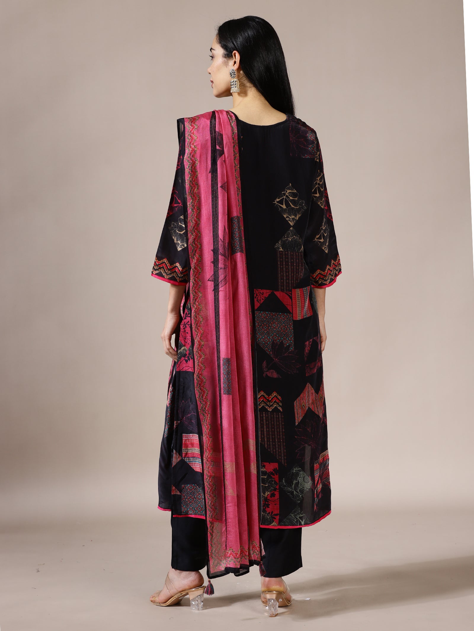 Black Abstract Print Tunic Set