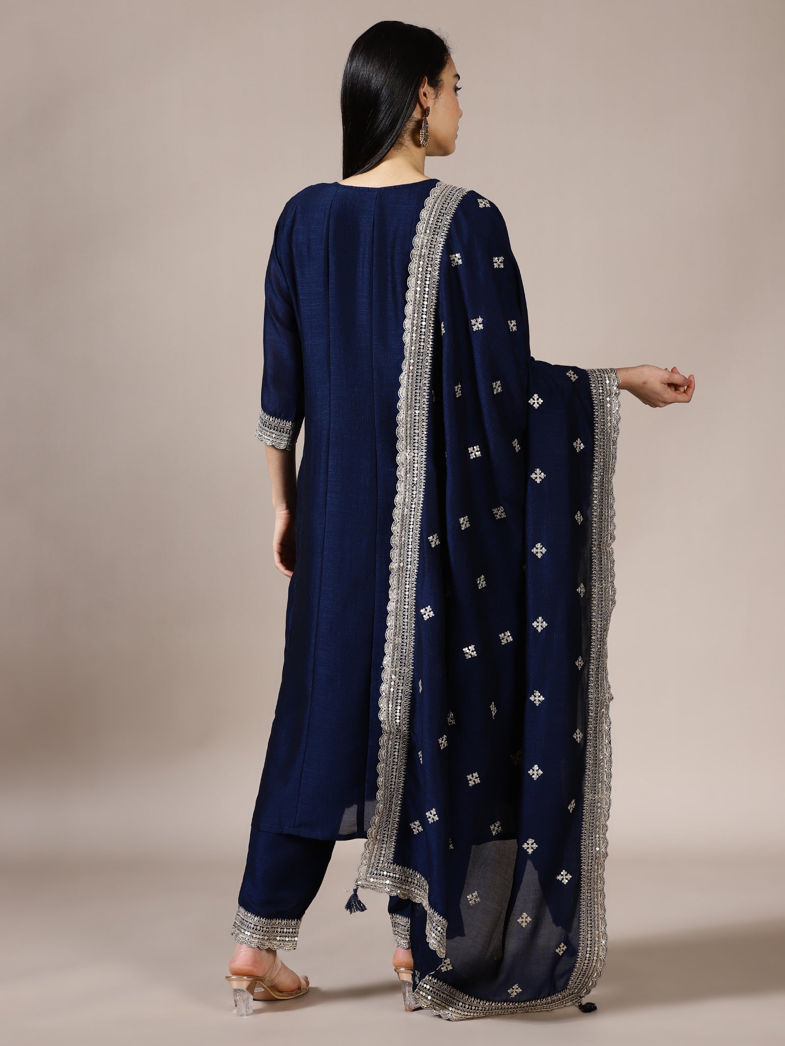 Ink Blue Pleated Embroidered Suit Set