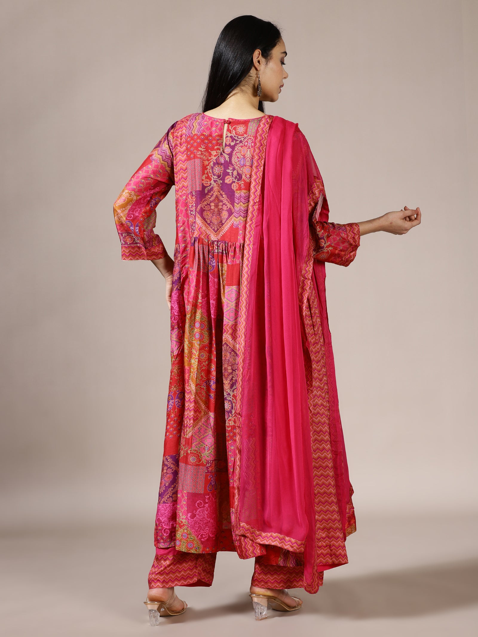 Fuchsia Anarkali Kurta Set with All-Over Print and Hand Embroidery