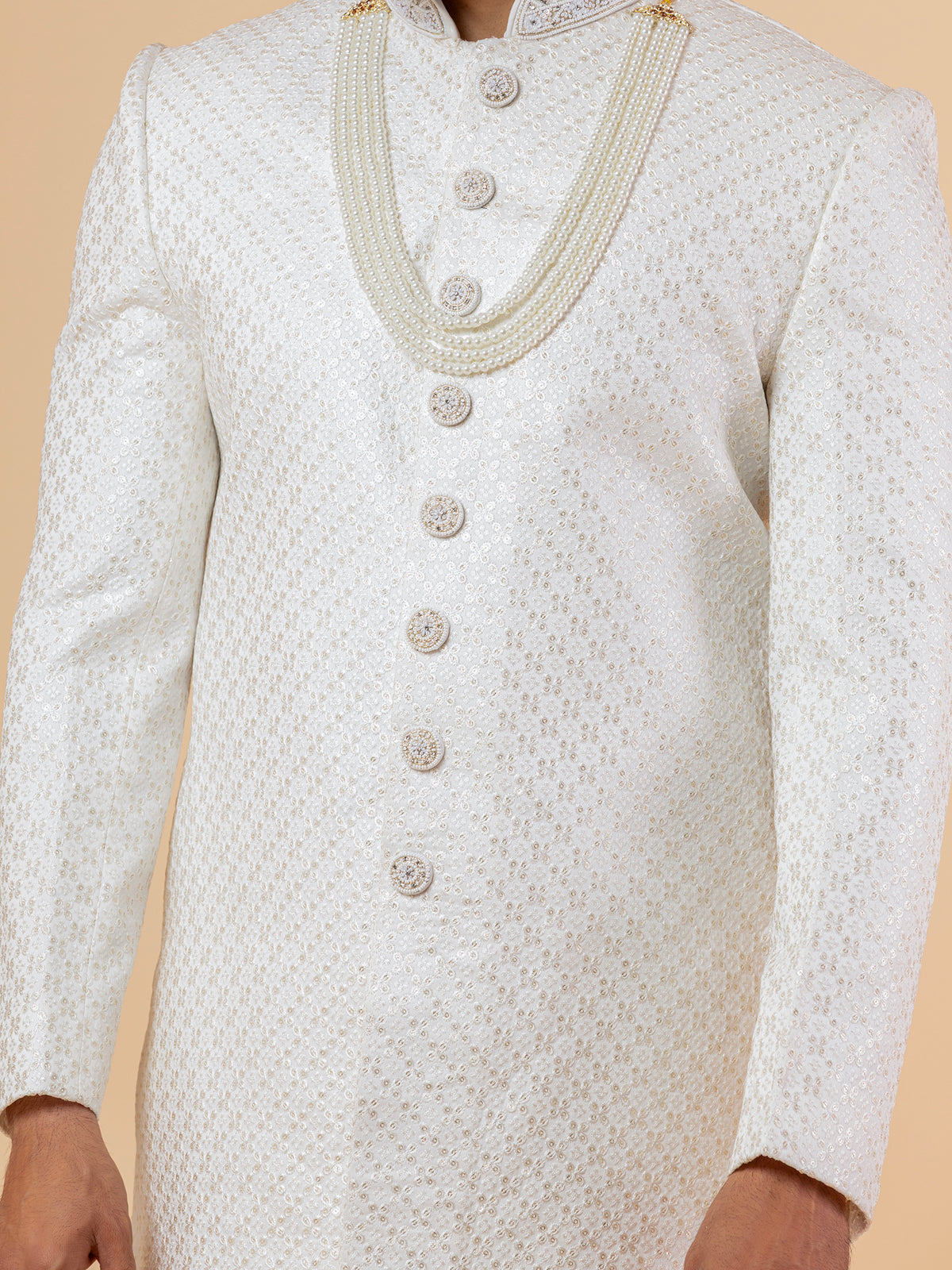 Warm White Allover-Embroidered Sherwani