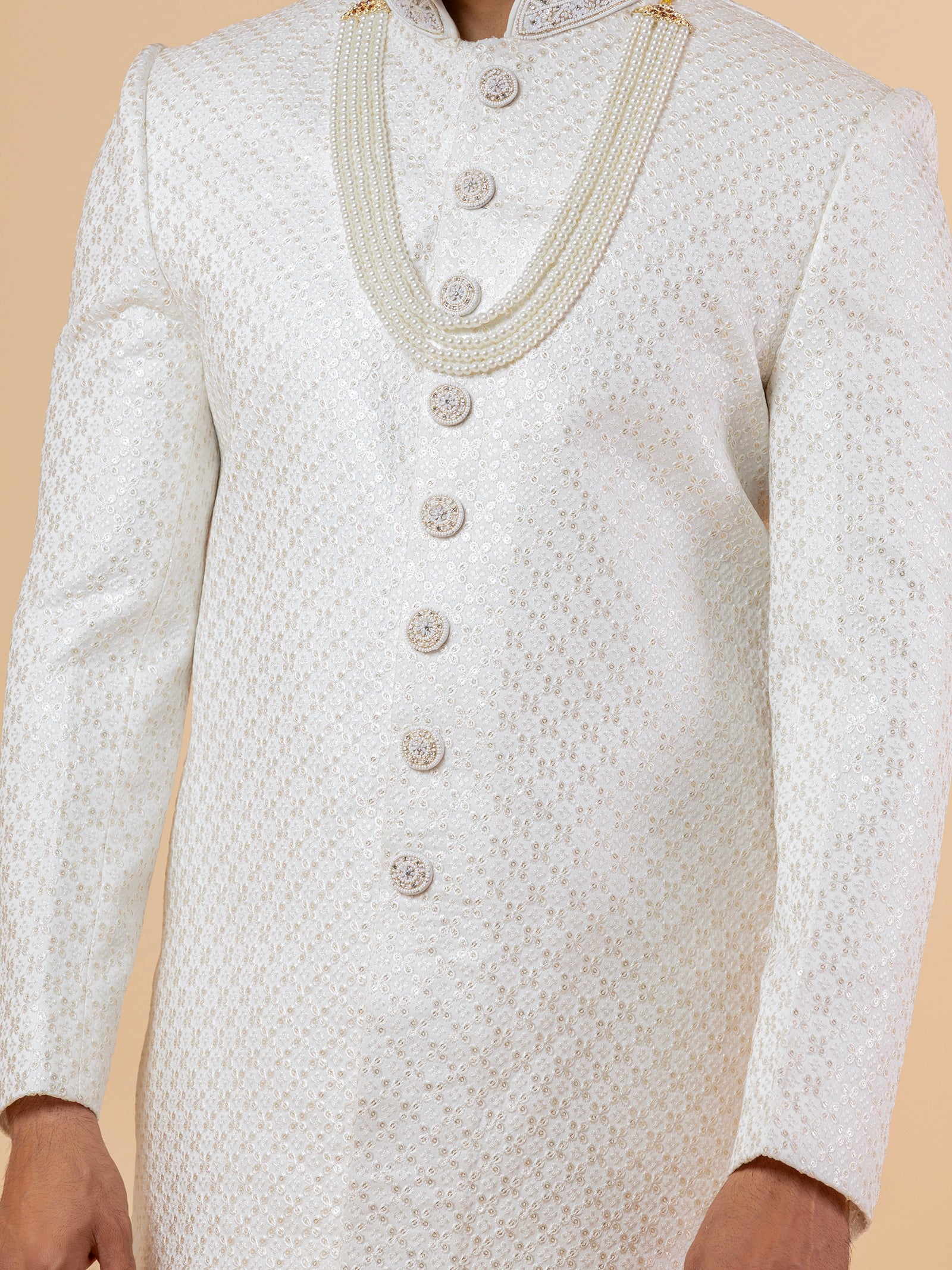 Warm White Allover-Embroidered Sherwani