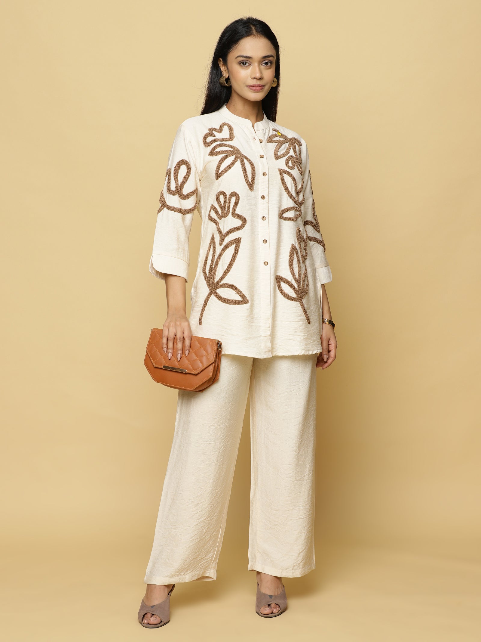 Cream Floral Placket Co-ord Set
