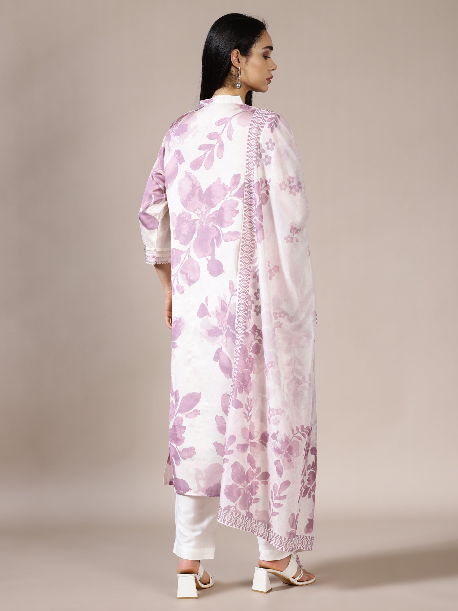 White and Lavender Floral Print Suit Set