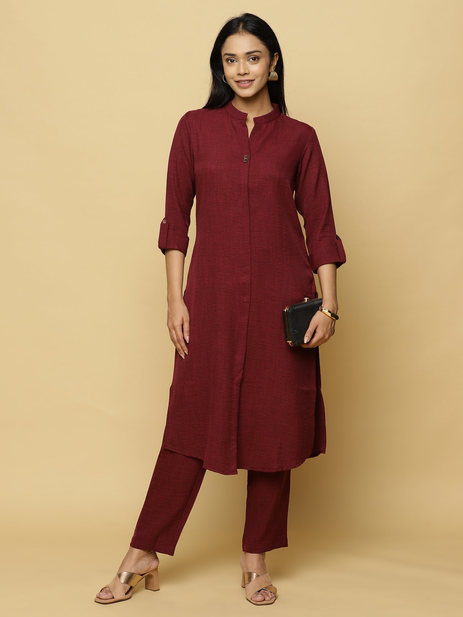 Warm Maroon Mandarin Co-ord Set