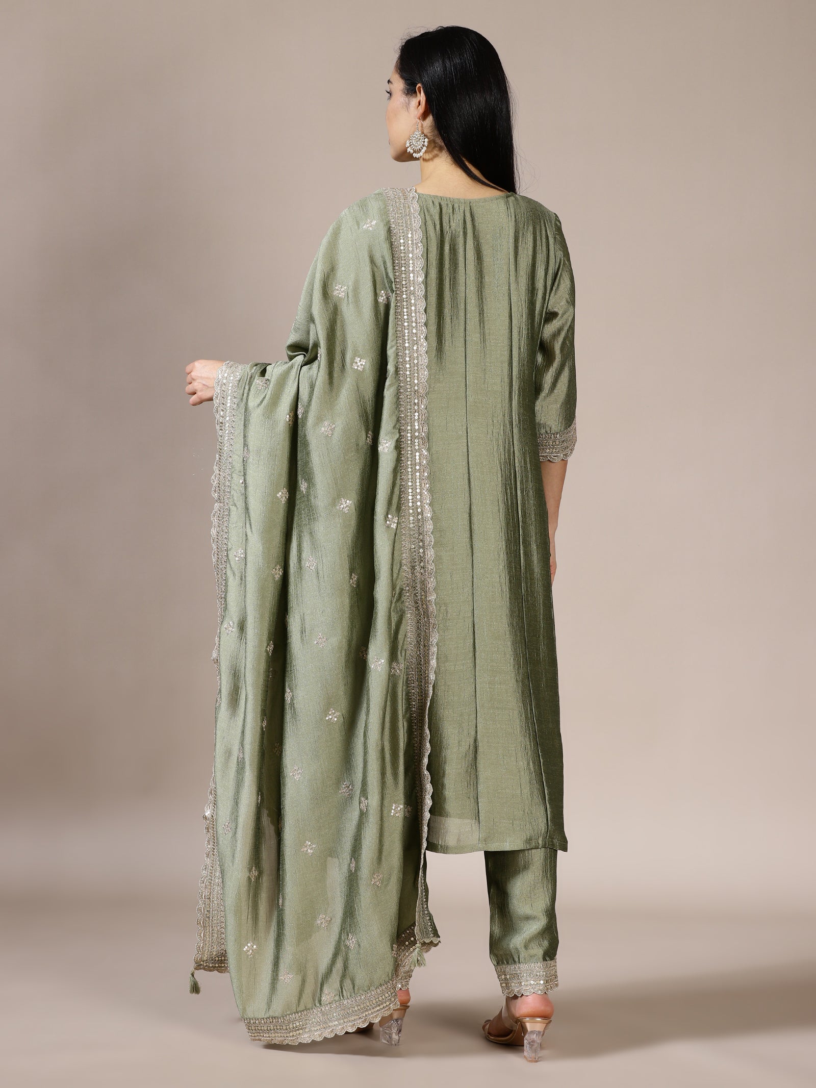 Light Sage Silk Pleated Embroidered Set