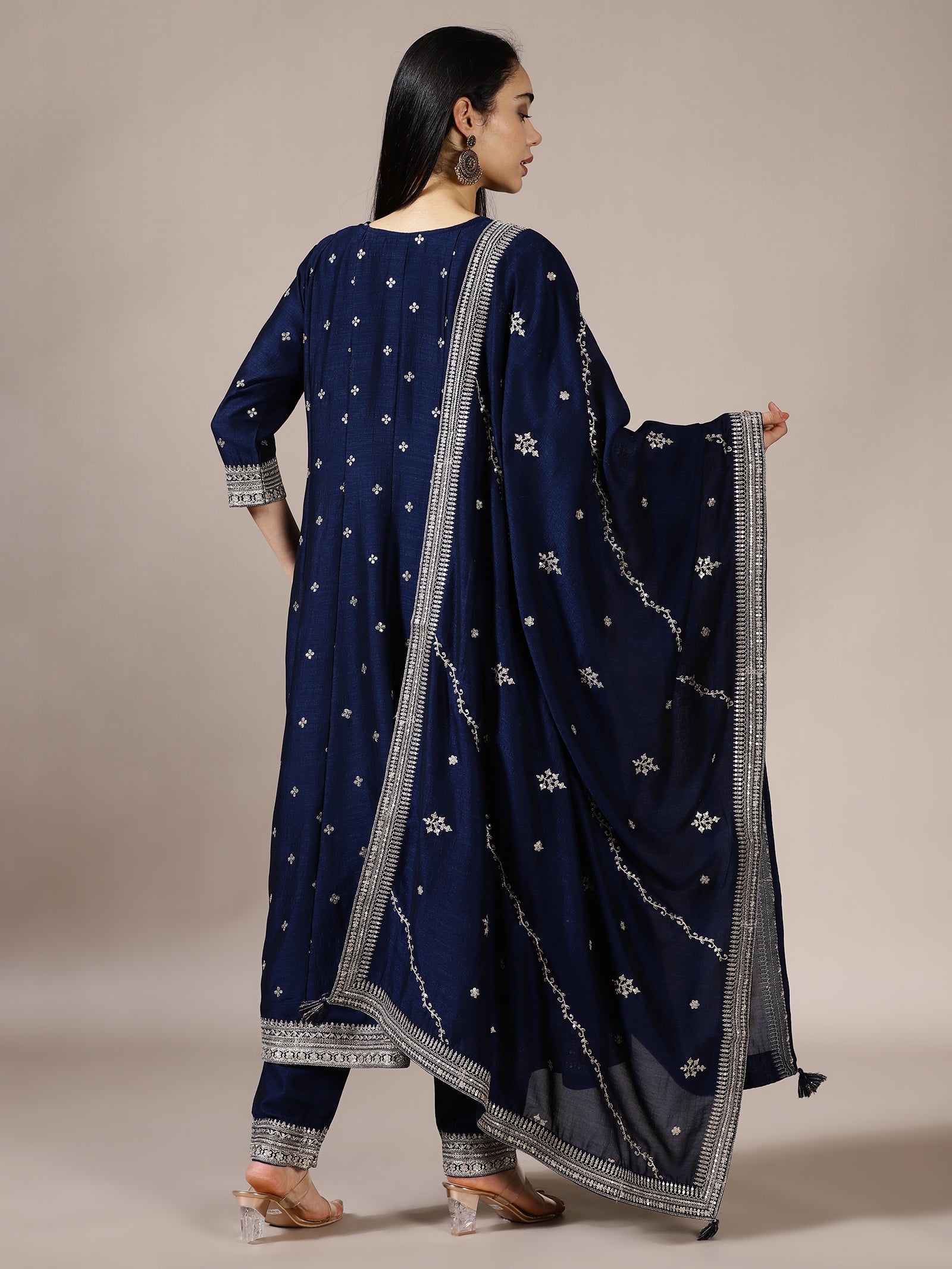 Navy Blue Embroidered Silk Suit Set