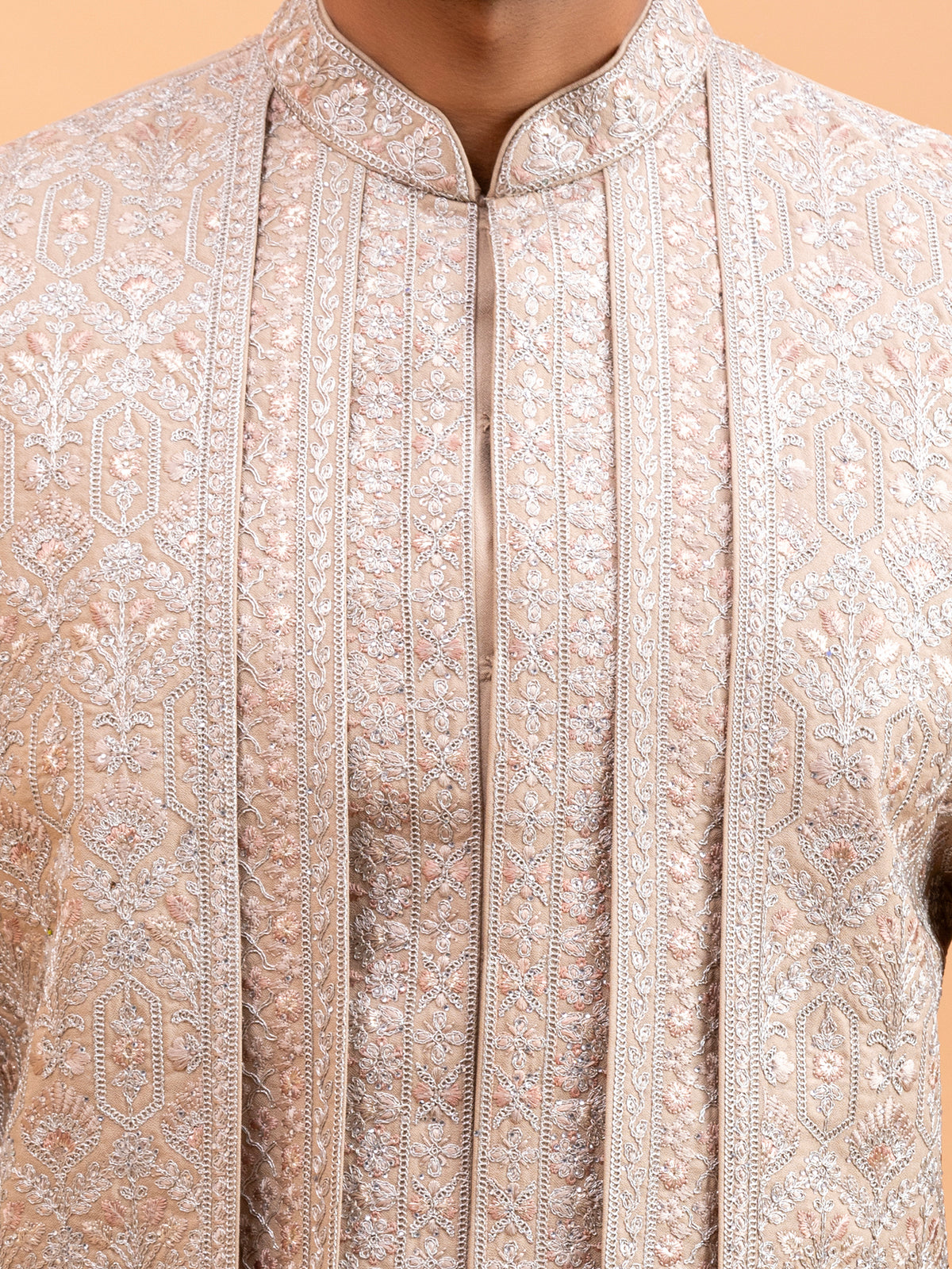 Beige Floral Embroidered Sherwani Set