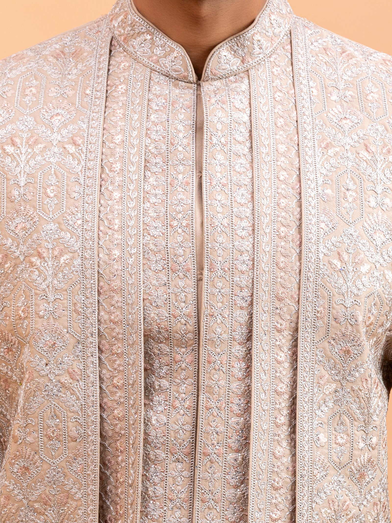 Beige Floral Embroidered Sherwani Set