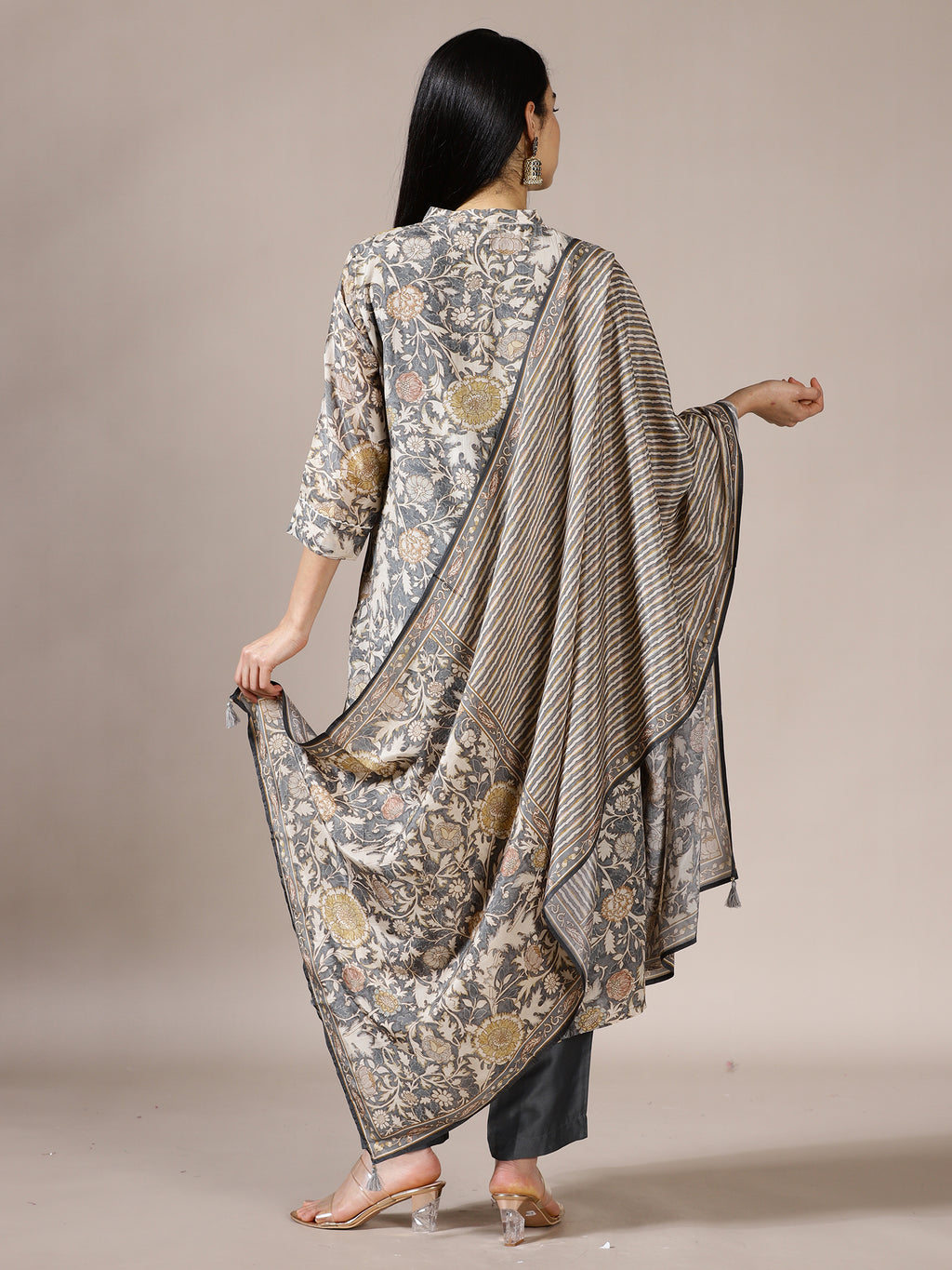 Grey Floral Printed Suit Set