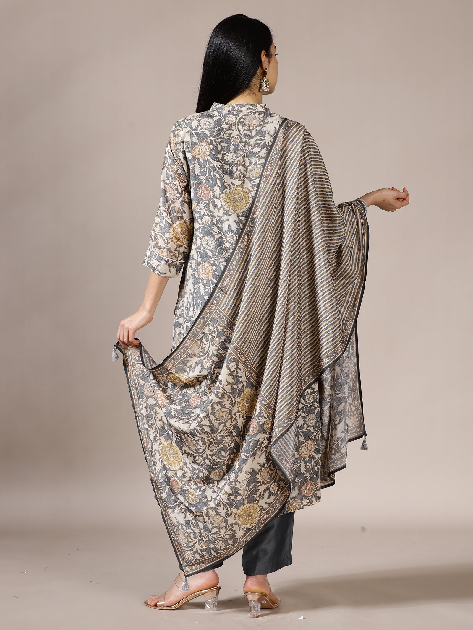 Grey Floral Printed Suit Set