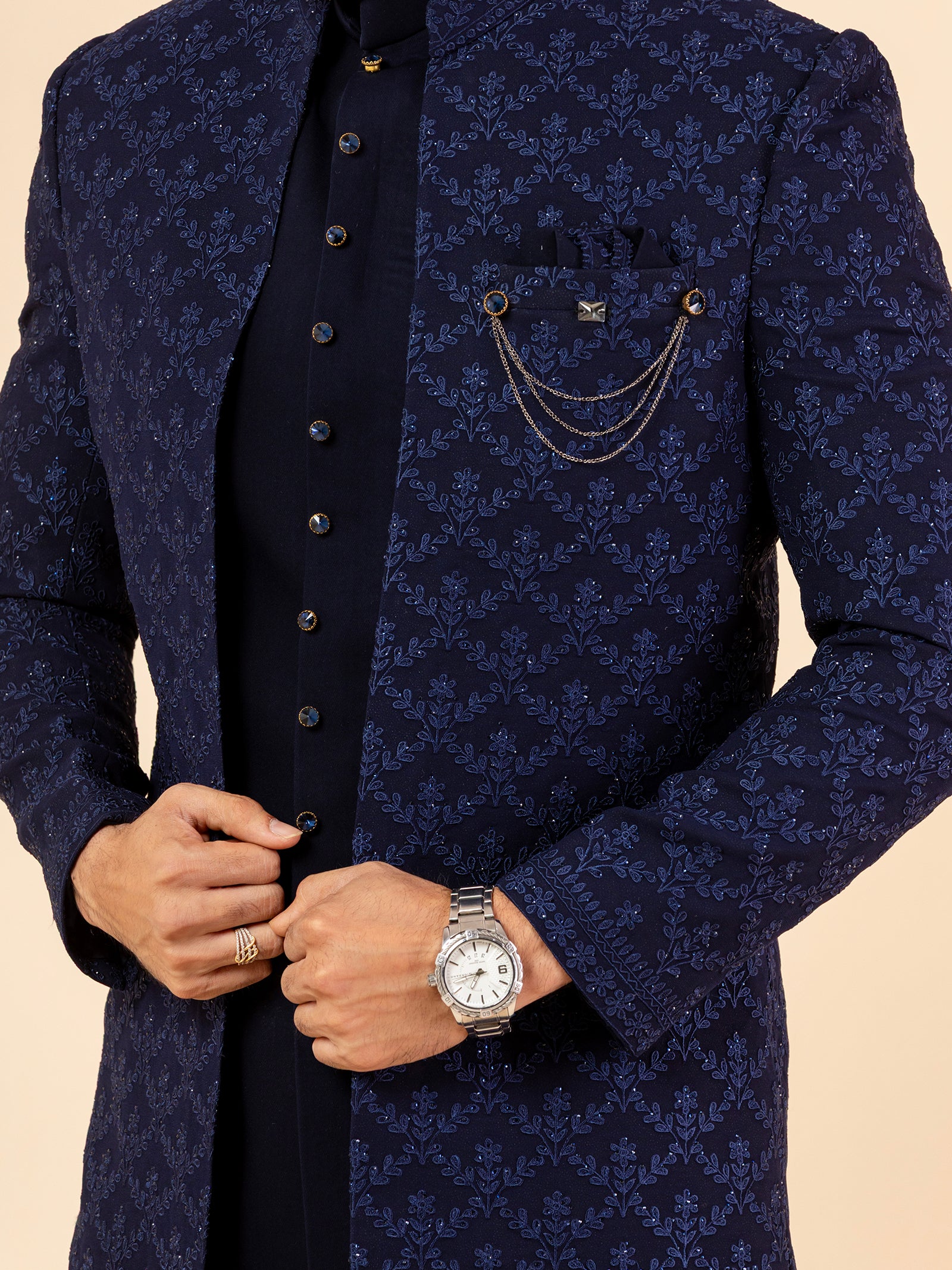 Deep Indigo Floral Threadwork Indowestern Set