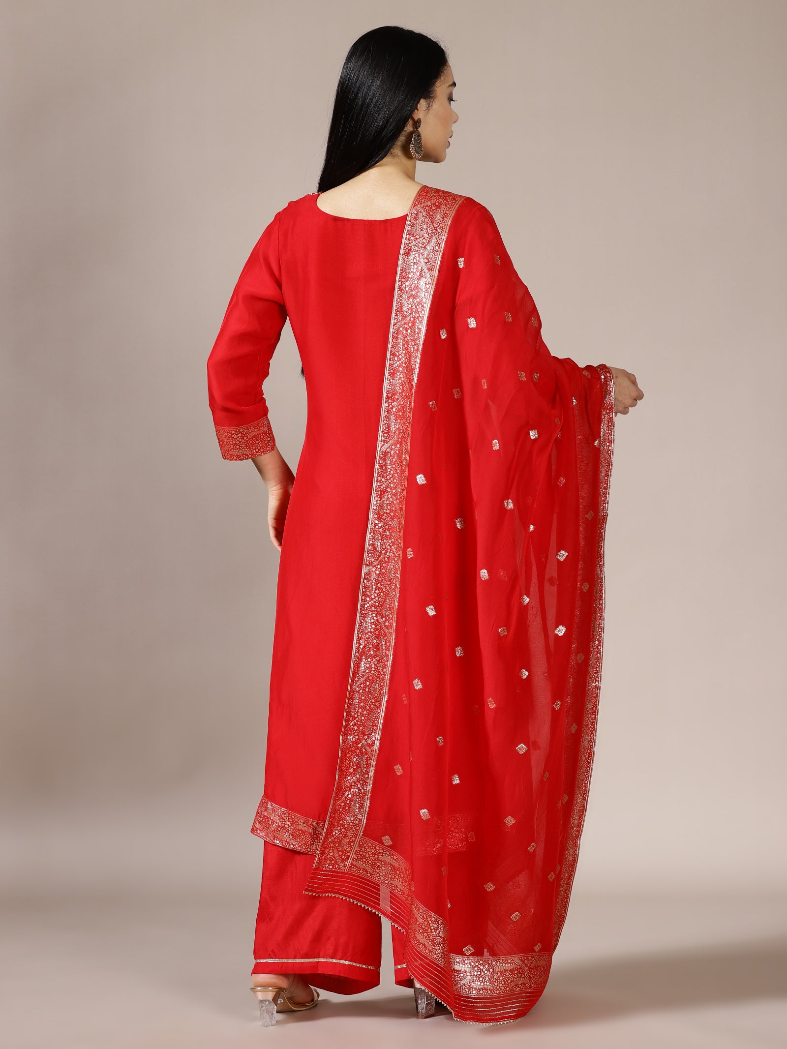 Regal Red Solid Kurta Set with Contemporary Silver Sequin Detailing