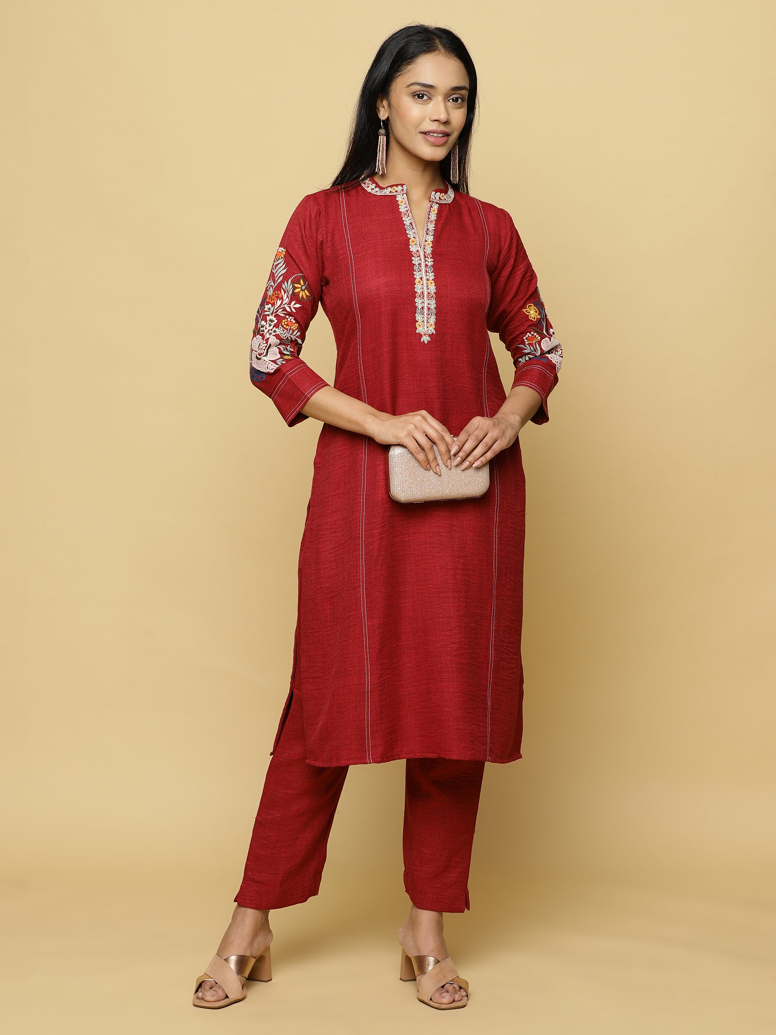Red Embroidered Tunic Co-ord Set