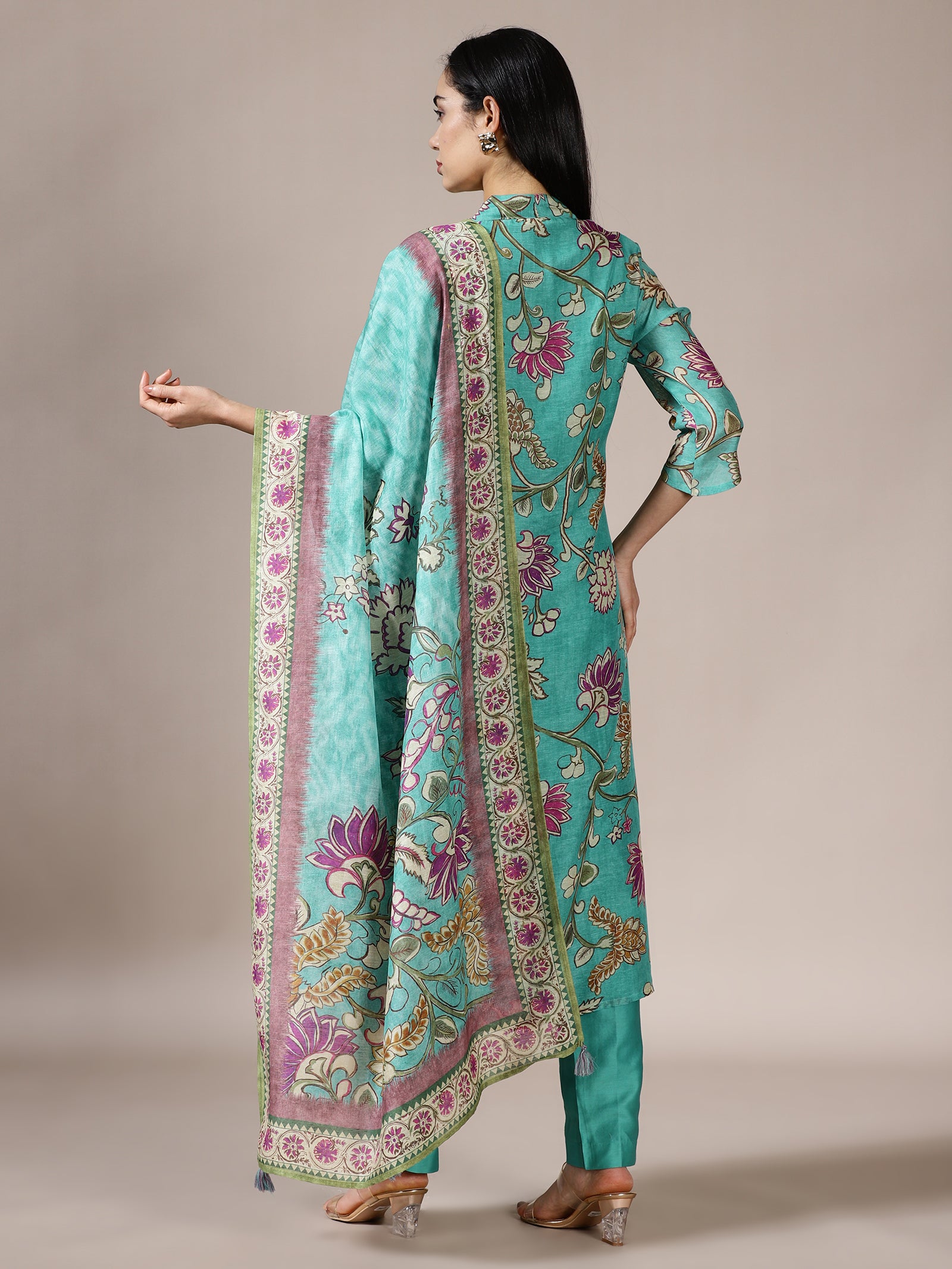 Aqua Floral Vine Printed Suit Set