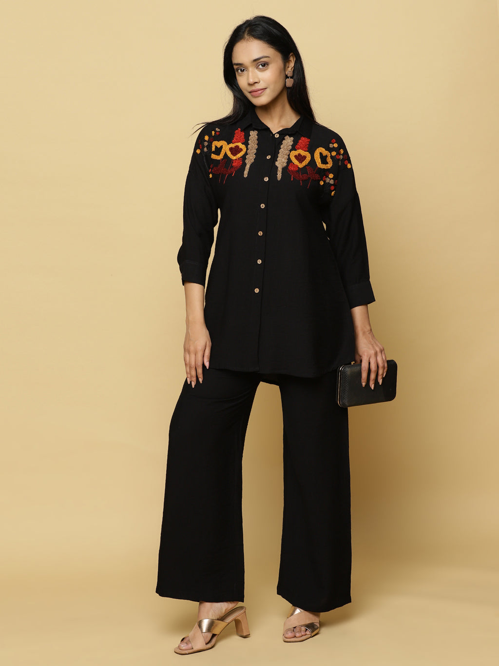 Black Embroidered Shirt Co-ord Set
