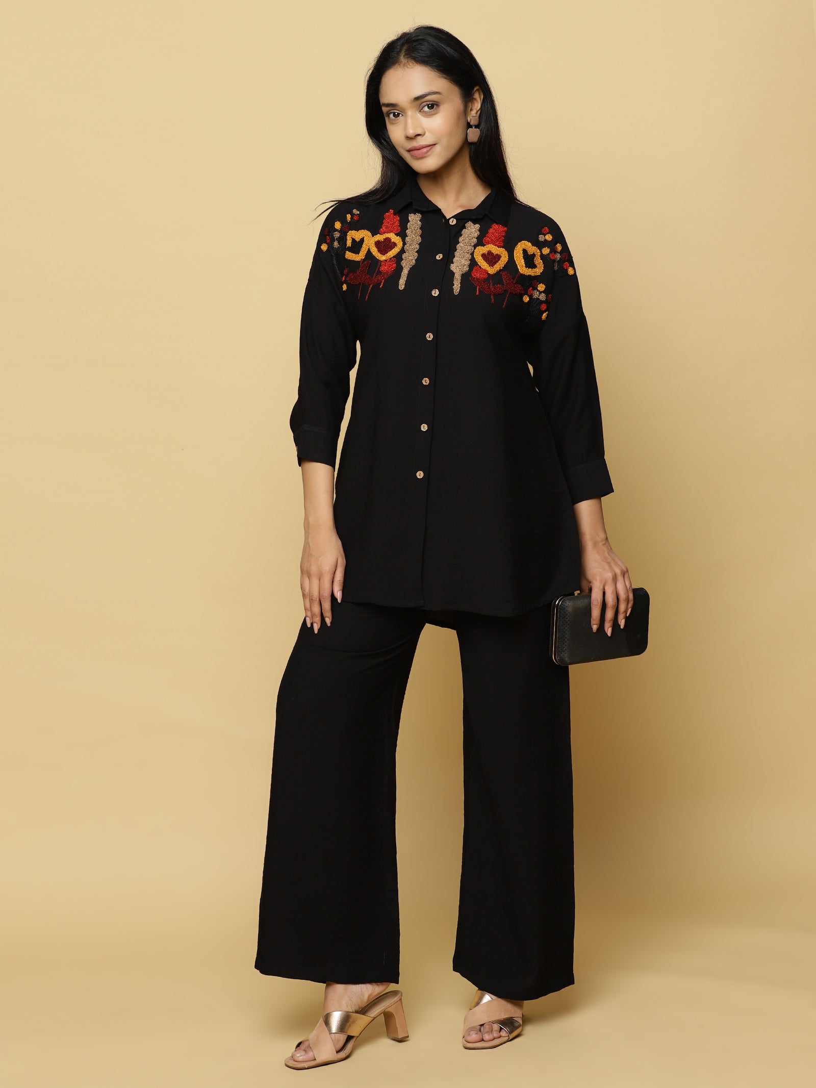 Black Embroidered Shirt Co-ord Set