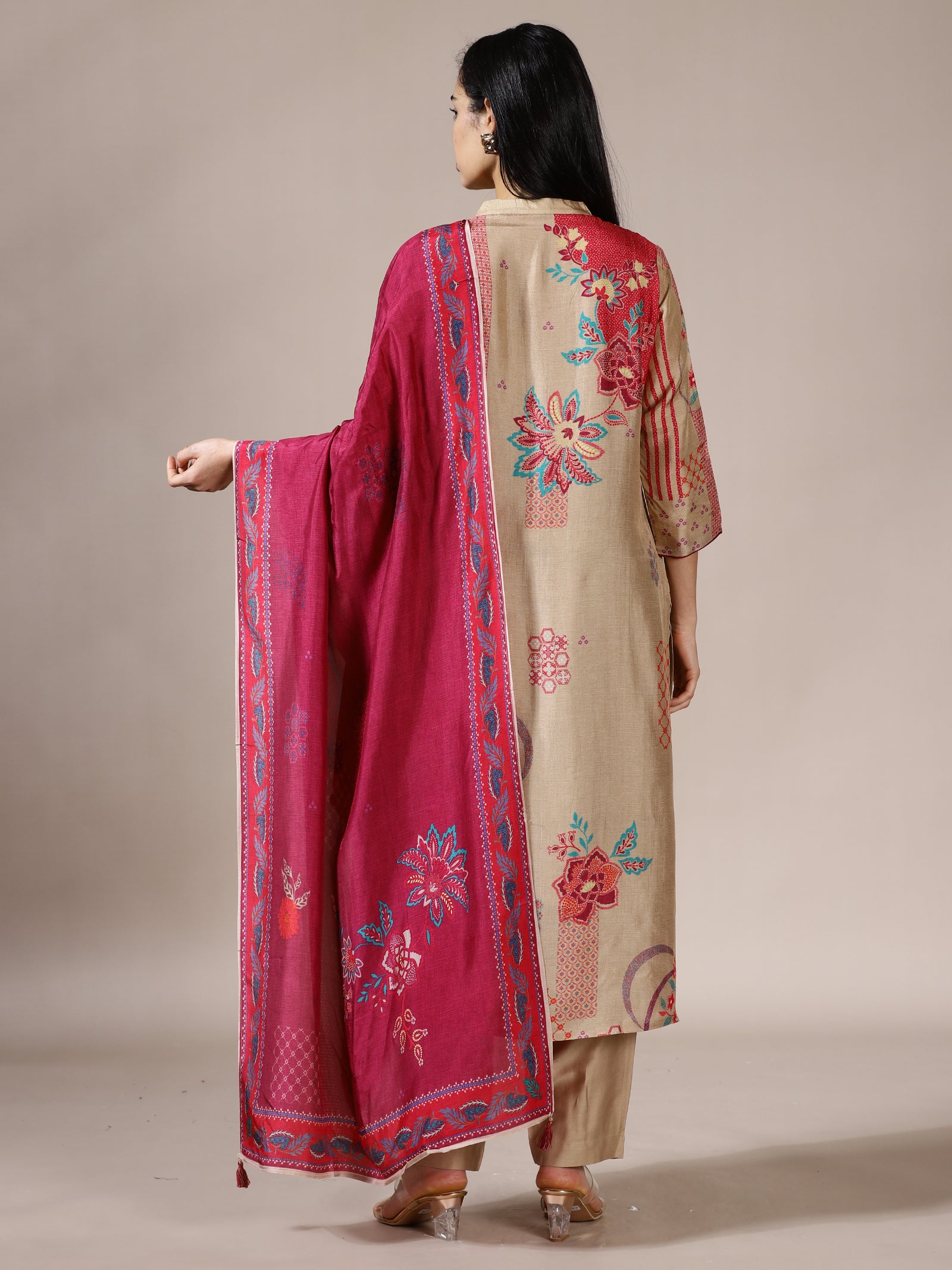 Beige Printed Kurta Set With Contrast Dupatta