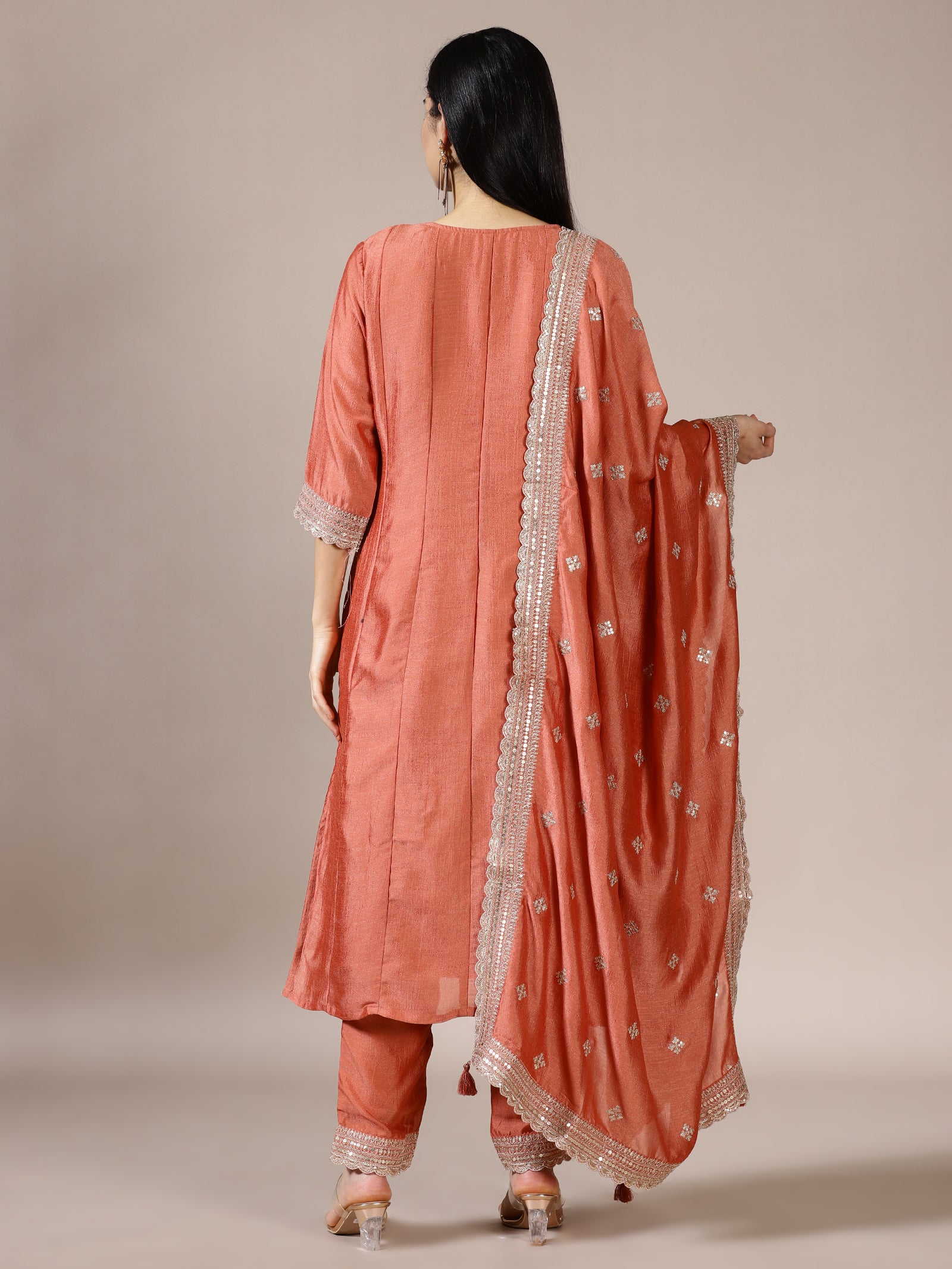 Coral Embroidered Suit Set