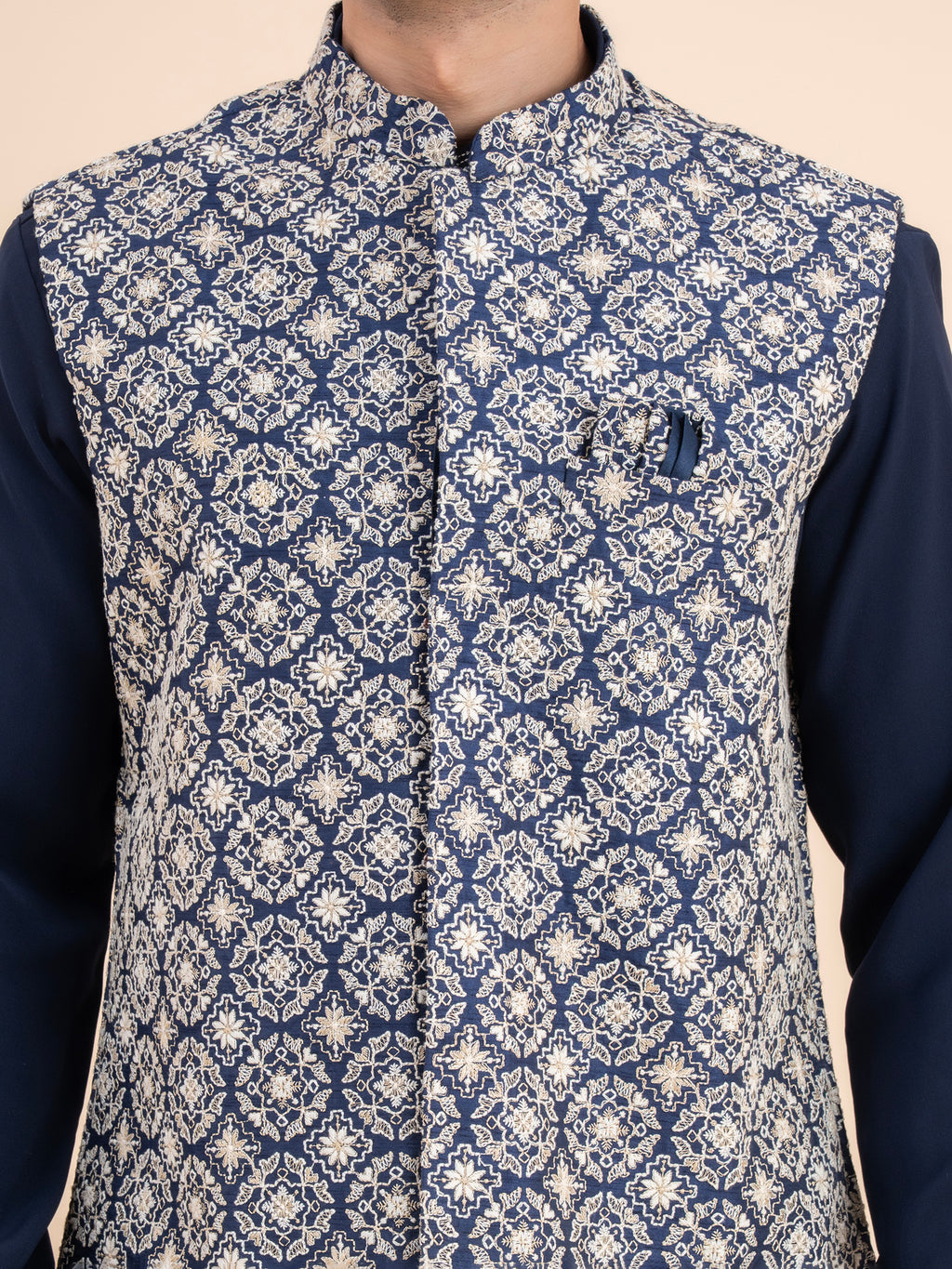 Navy Woven Motif Nehru Jacket