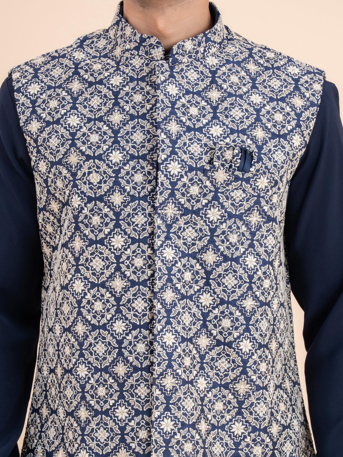 Navy Woven Motif Nehru Jacket