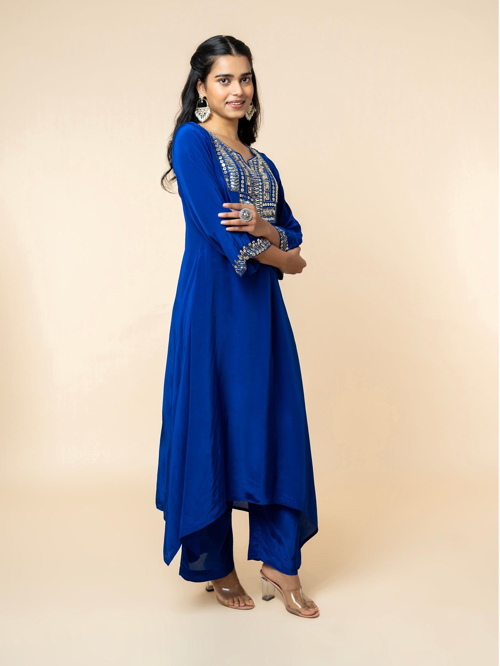 Royal Blue Silk Co-ord Set with Geometric Sequin Work