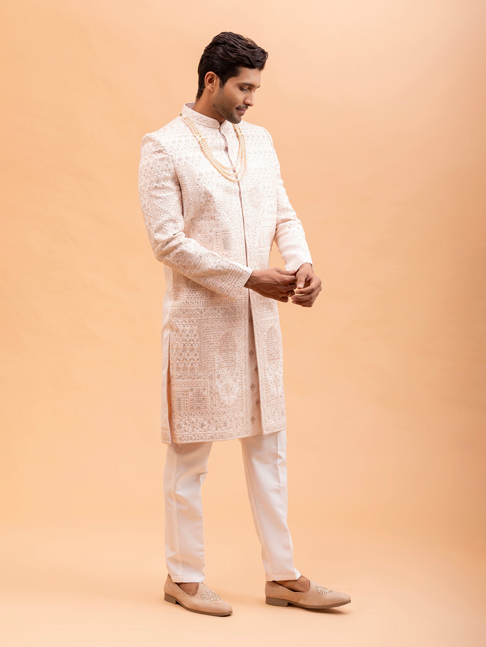 Blush Pink Geometric Embroidered Sherwani Set