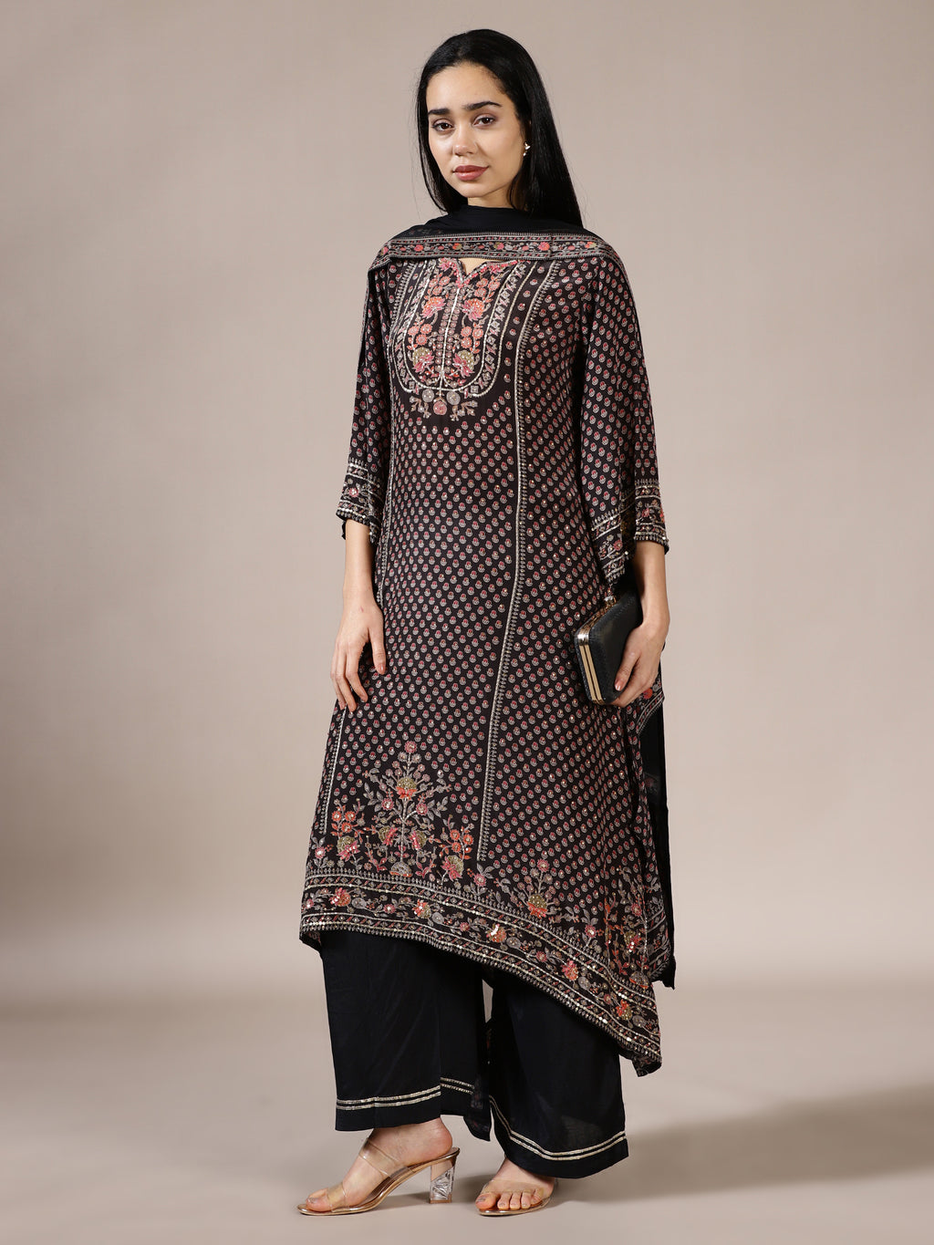 Black Embroidered Printed Suit Set