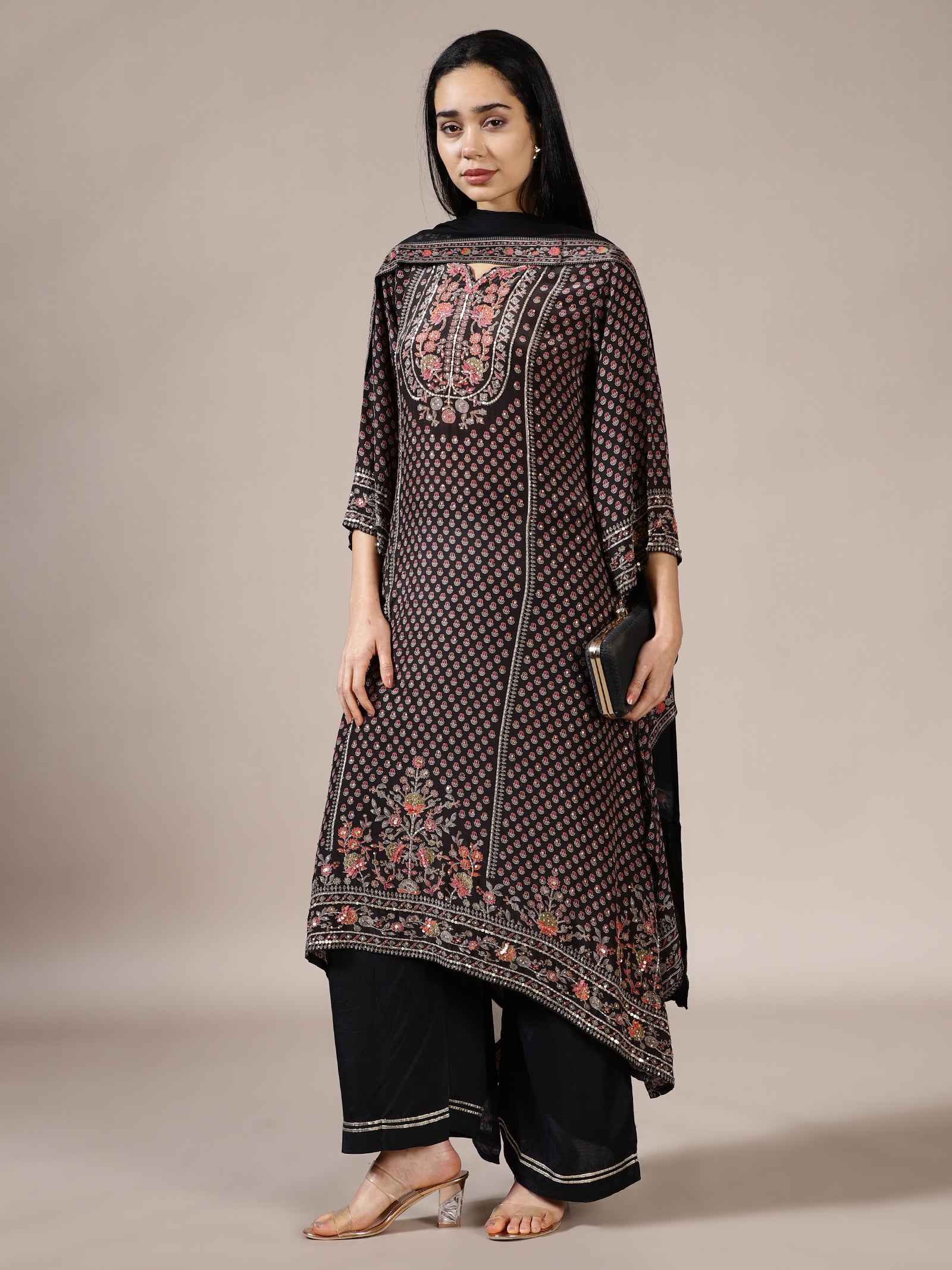 Black Embroidered Printed Suit Set