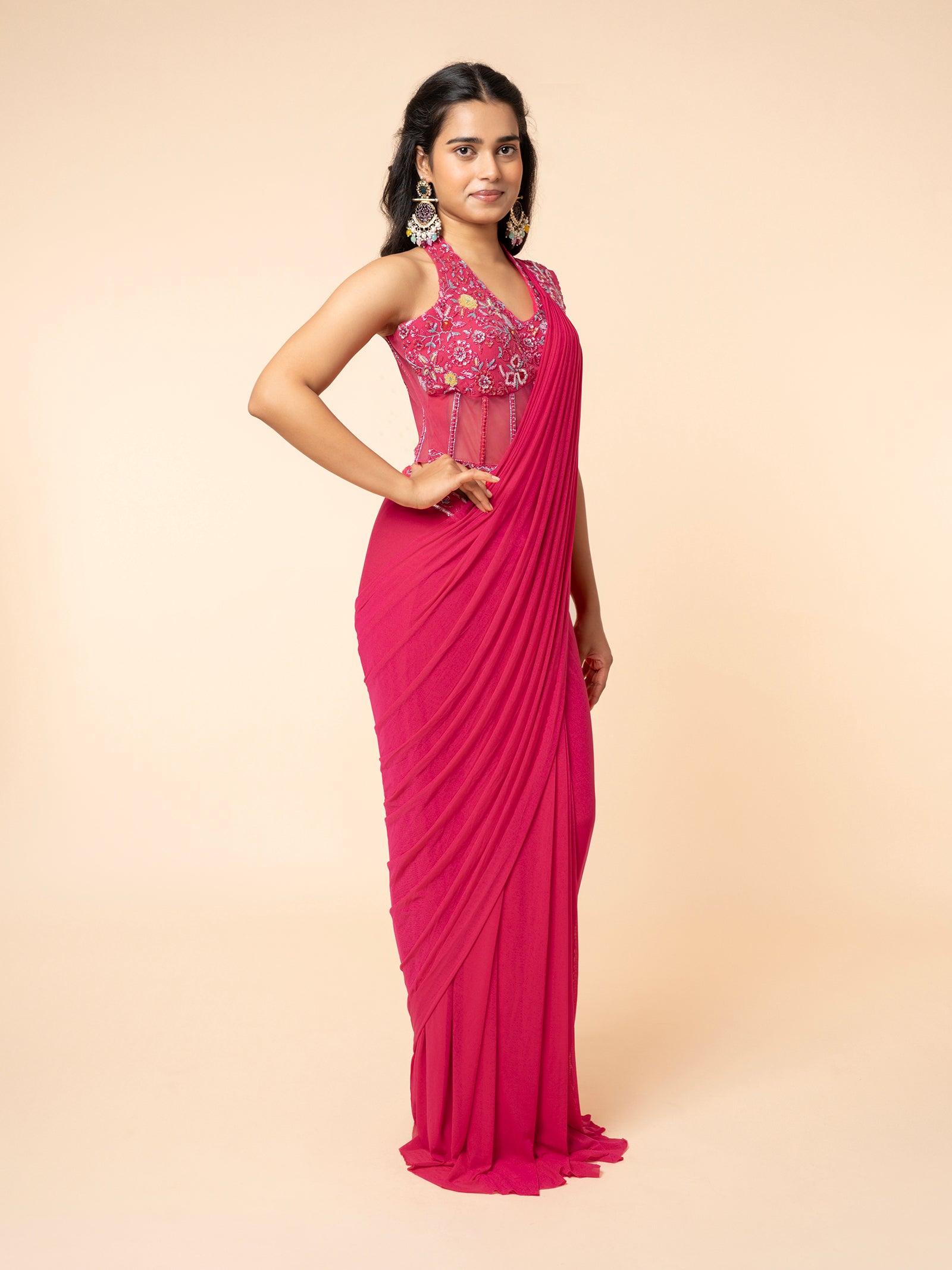 Magenta Pre-draped Saree with Embellished Corset-Style Blouse