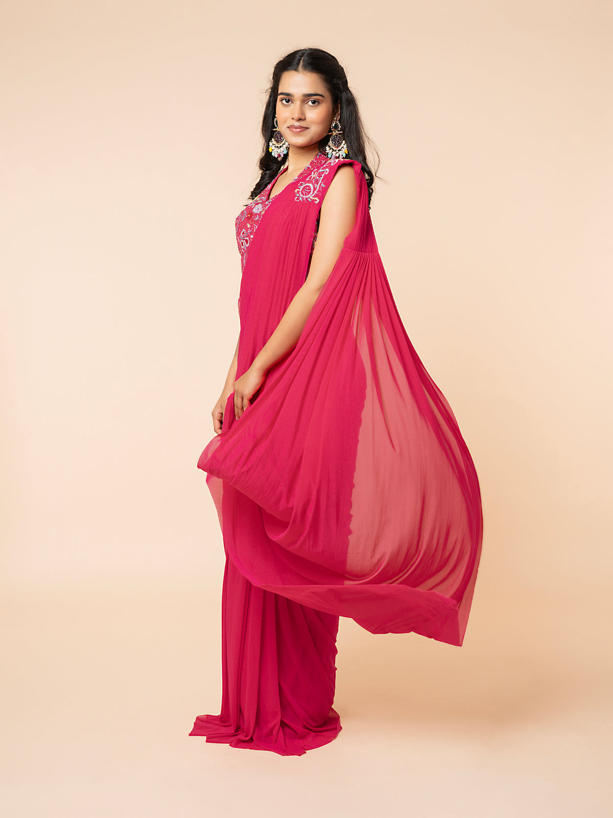 Magenta Pre-draped Saree with Embellished Corset-Style Blouse
