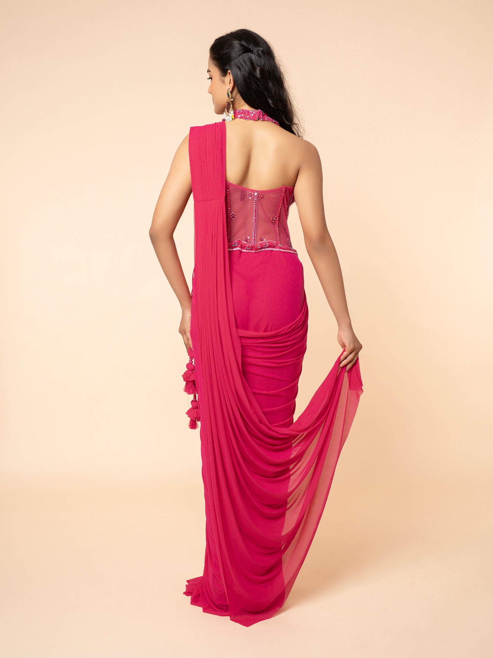 Magenta Pre-draped Saree with Embellished Corset-Style Blouse