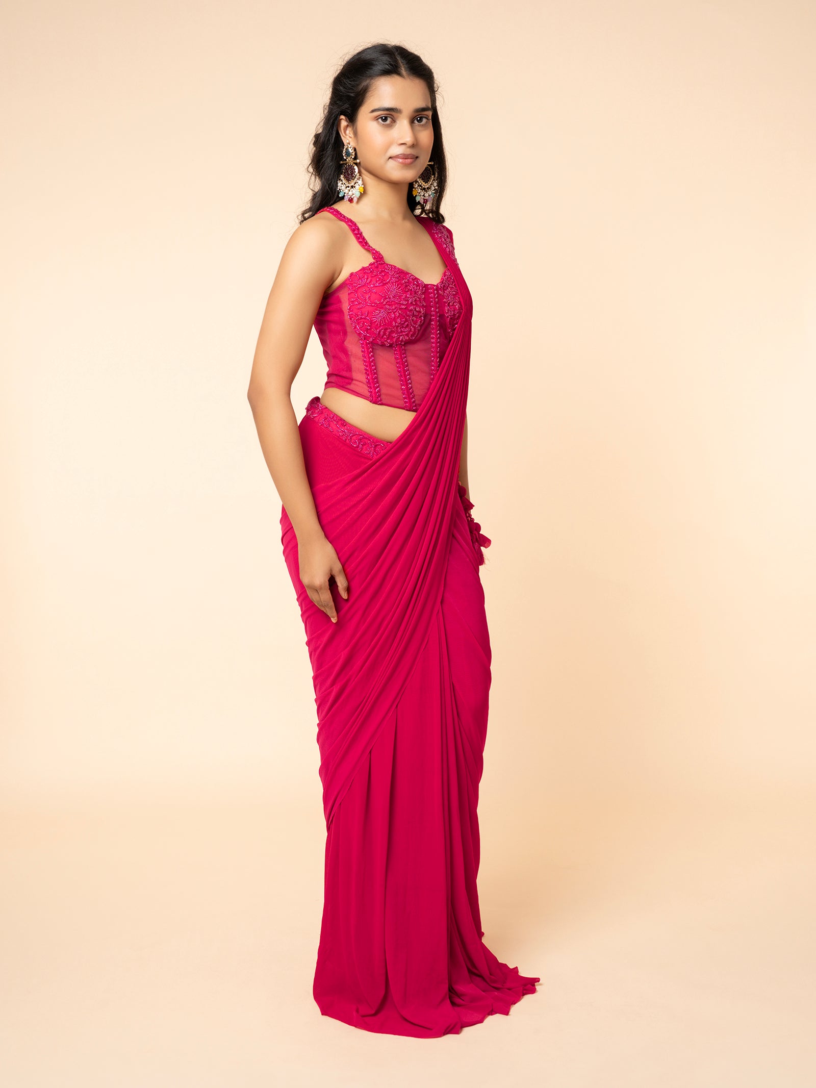 Hot Pink Pre-draped Saree with Embellished Corset-Style Blouse
