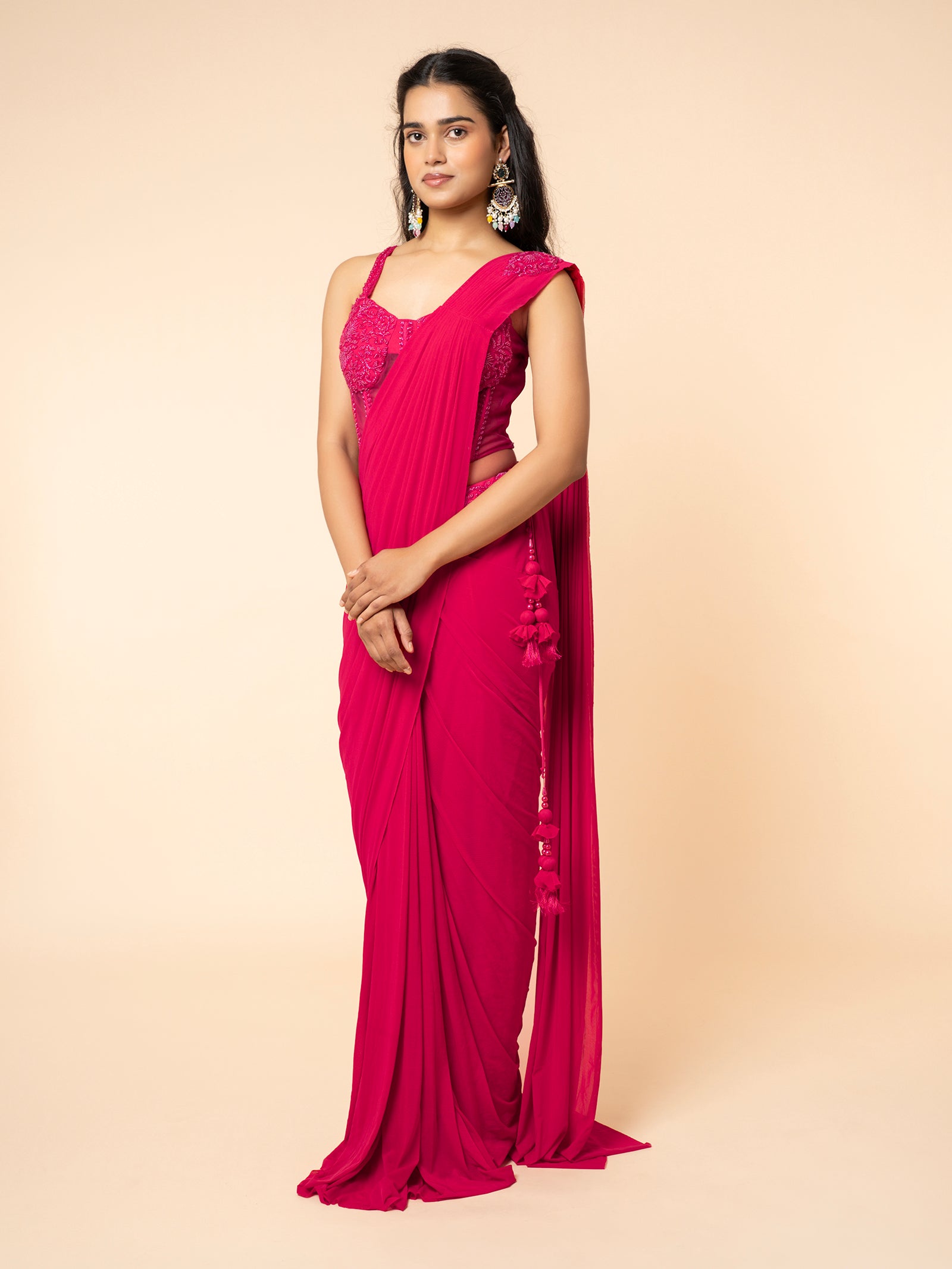 Hot Pink Pre-draped Saree with Embellished Corset-Style Blouse
