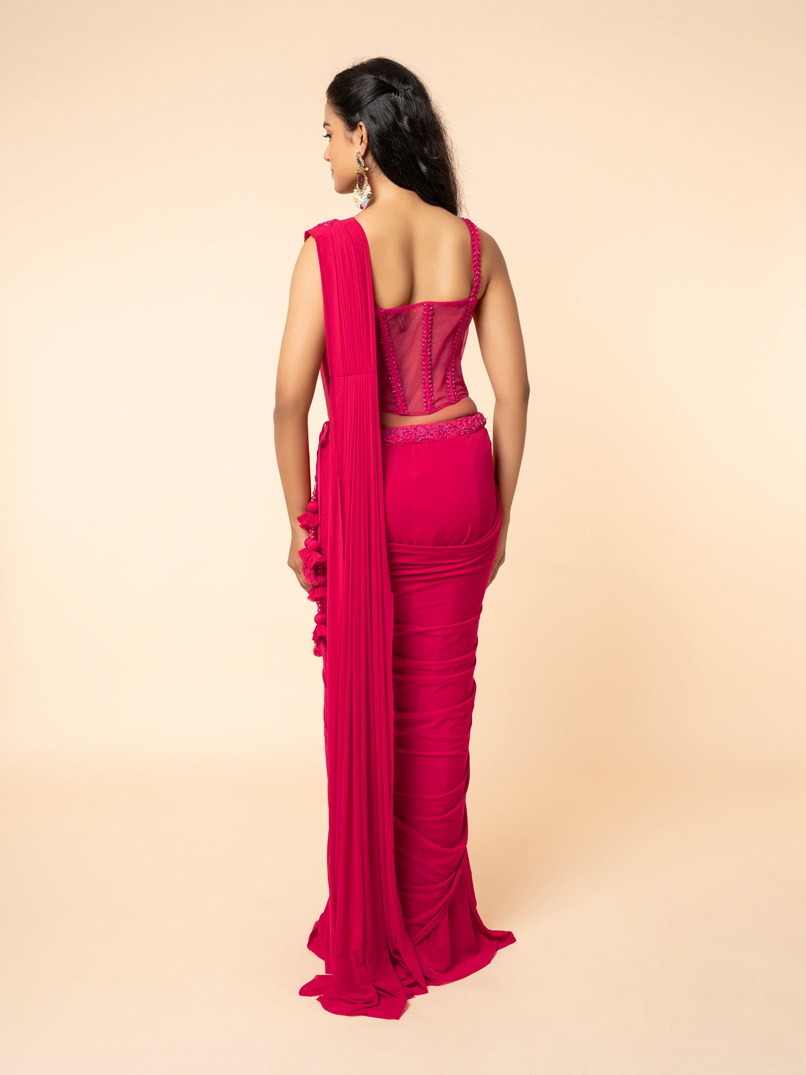Hot Pink Pre-draped Saree with Embellished Corset-Style Blouse