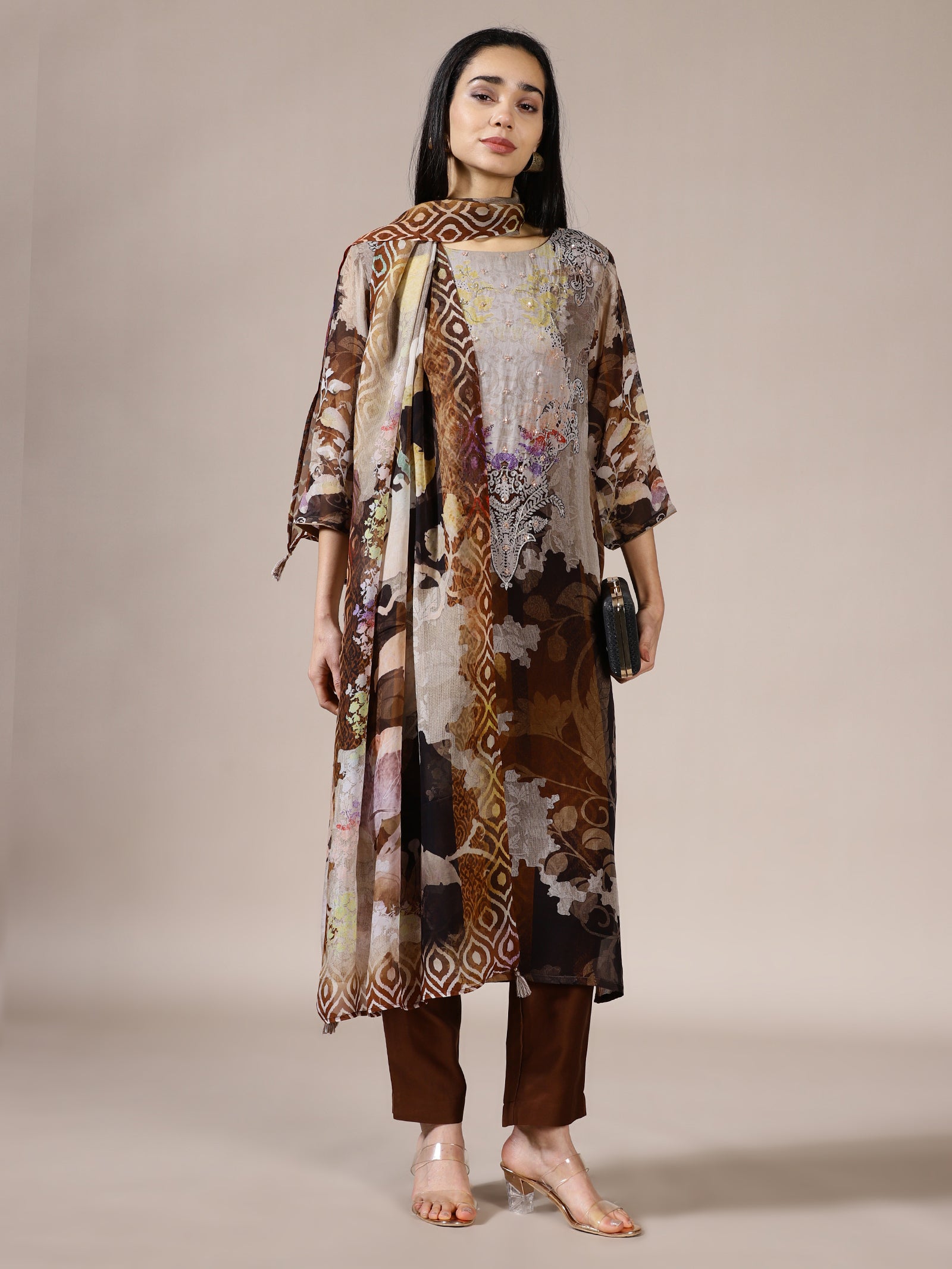 Brown Abstract Print Suit Set