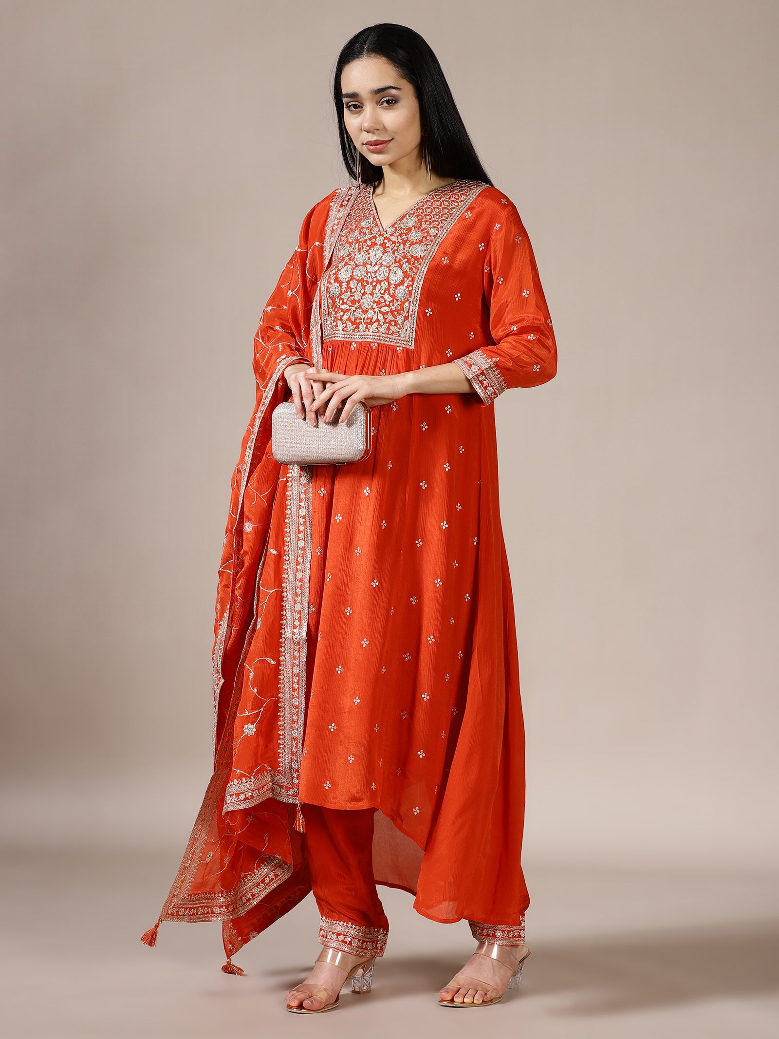 Tangerine Embroidered Kurta Set