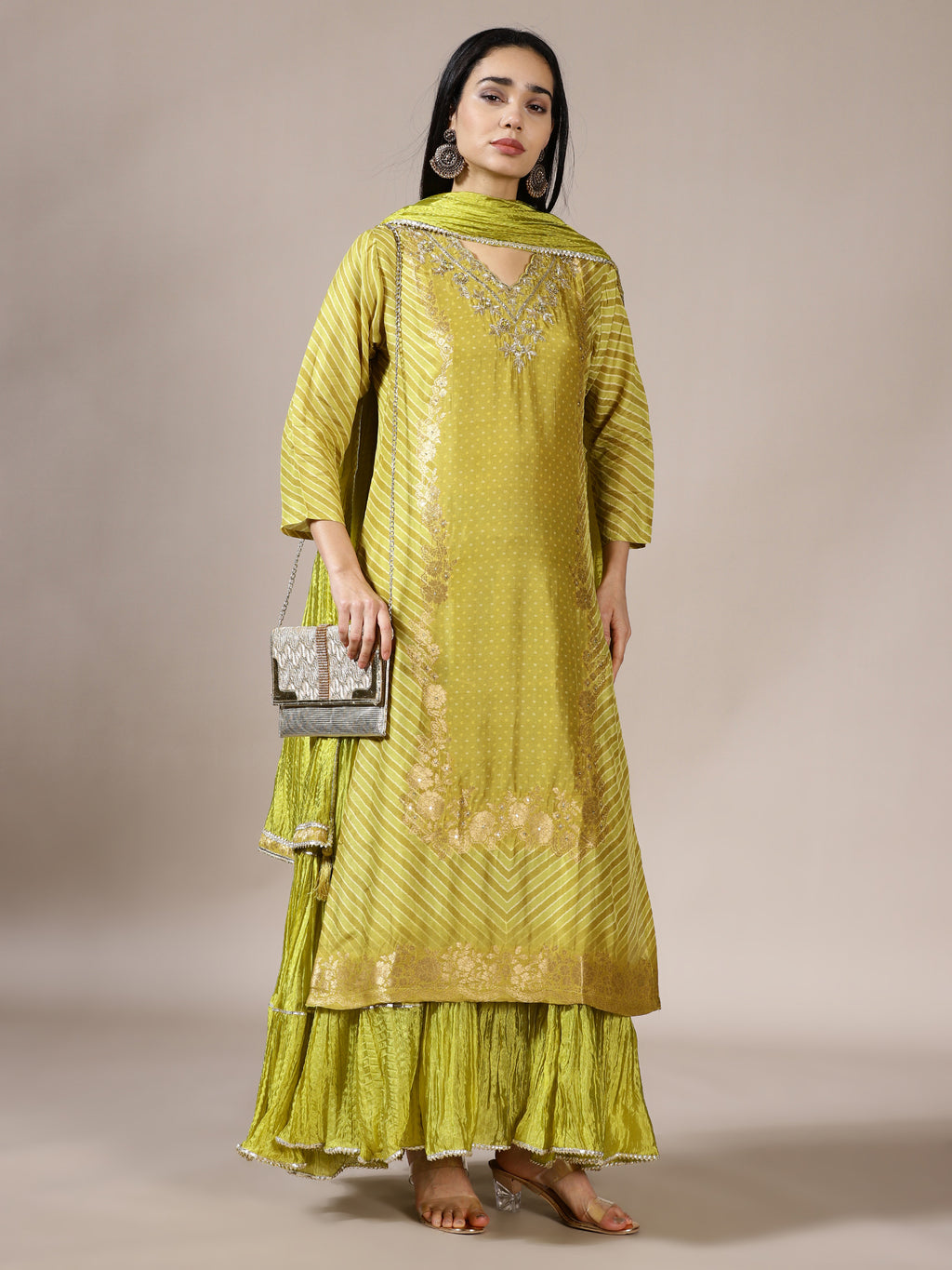 Leheriya Ruffled Gharara Set in Lime Green with Gota Patti Work