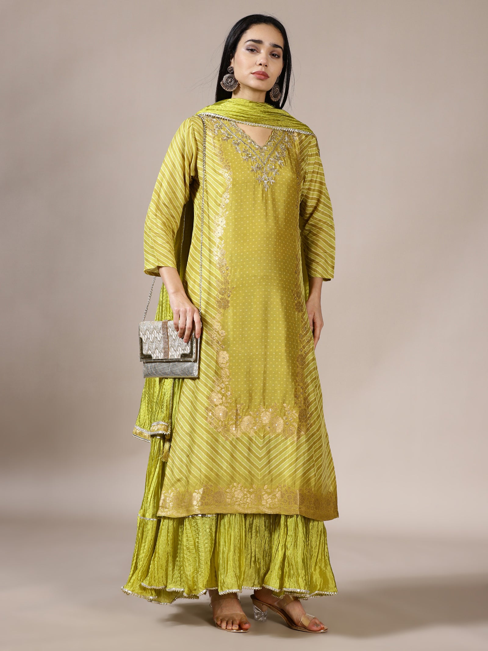 Leheriya Ruffled Gharara Set in Lime Green with Gota Patti Work