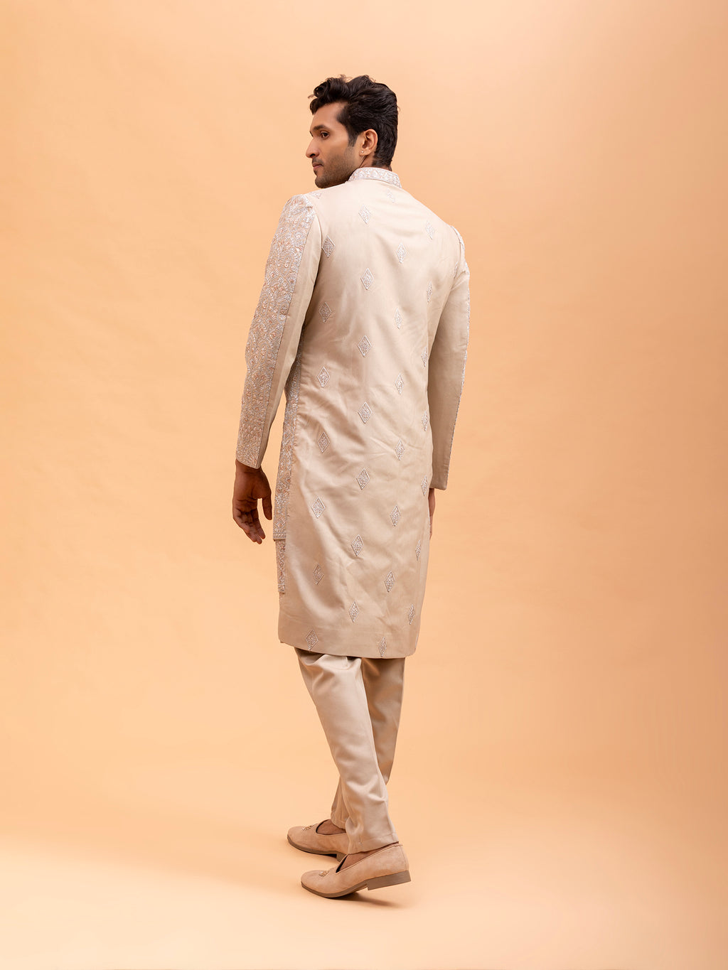 Beige Floral Embroidered Sherwani Set